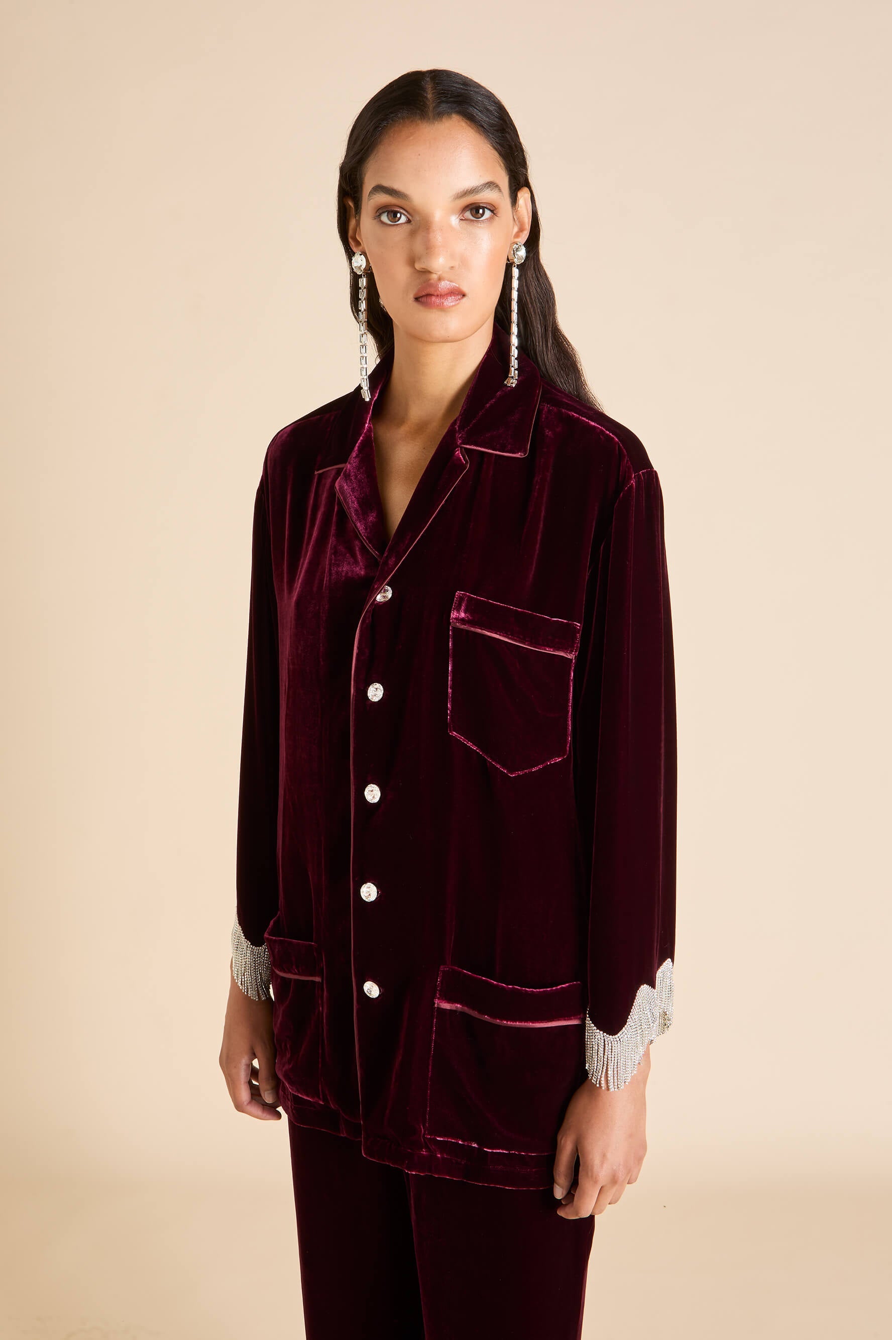 fifi victoria red crystal fringe pyjamas in silk velvet 