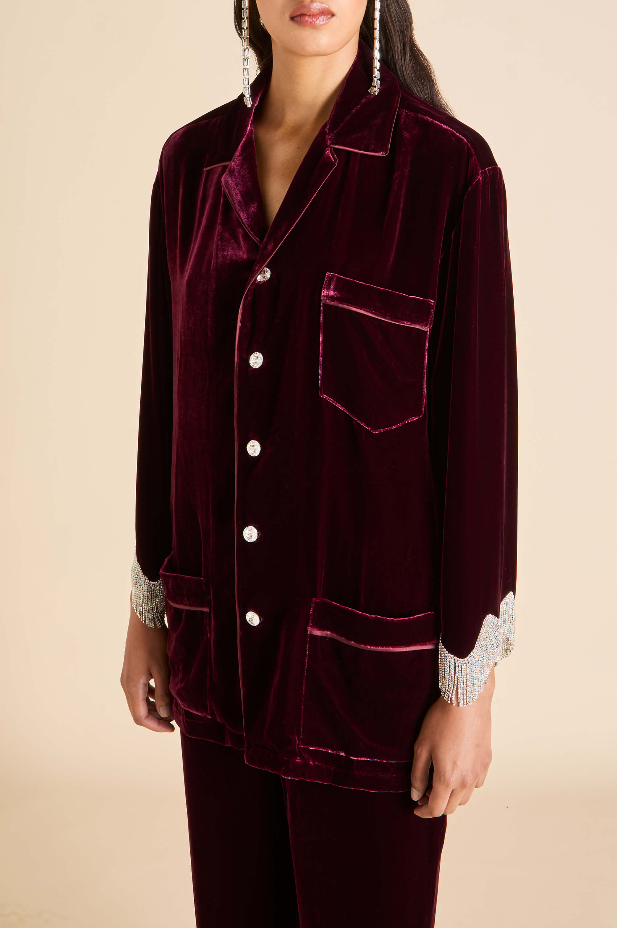 fifi victoria red crystal fringe pyjamas in silk velvet 