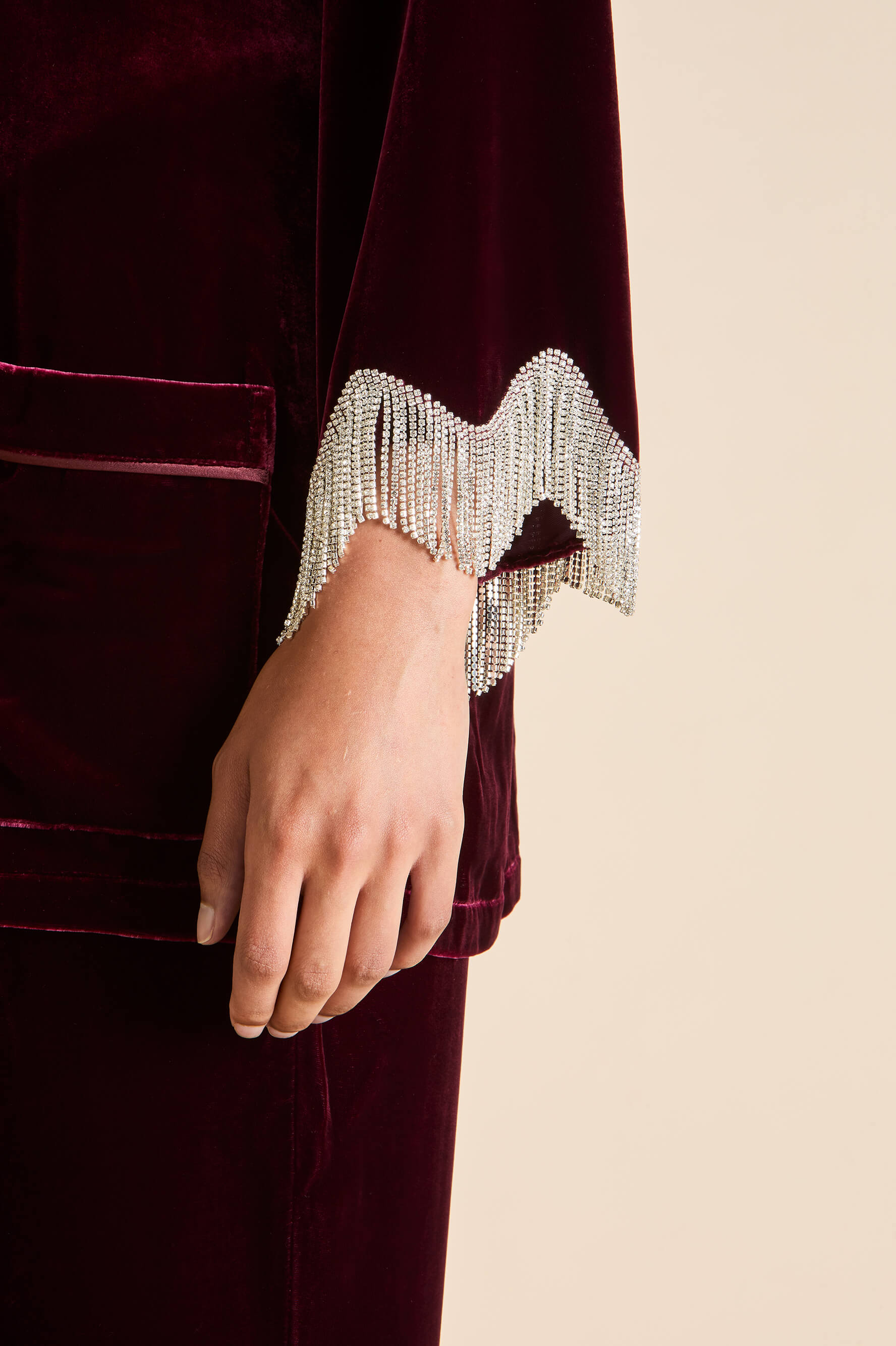 Fifi Victoria Red Crystal Fringe Pyjamas in Silk Velvet