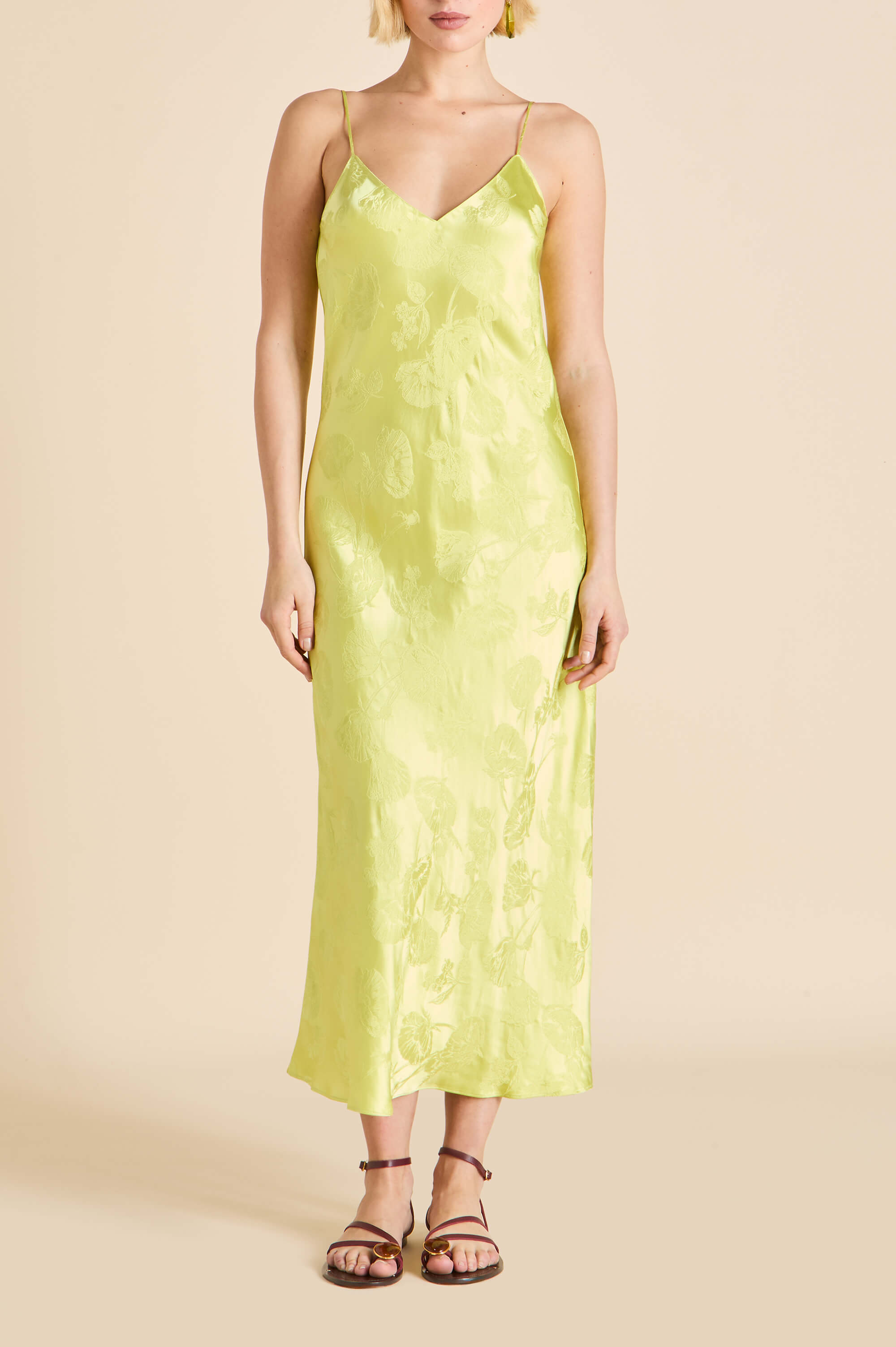 green floral slip dress Garbo Ludovica in Silk Jacquard Poppy from Trolls Dress skimming slip silhouette ends 1950s Suzy Perette Dress Size:Medium 6-8