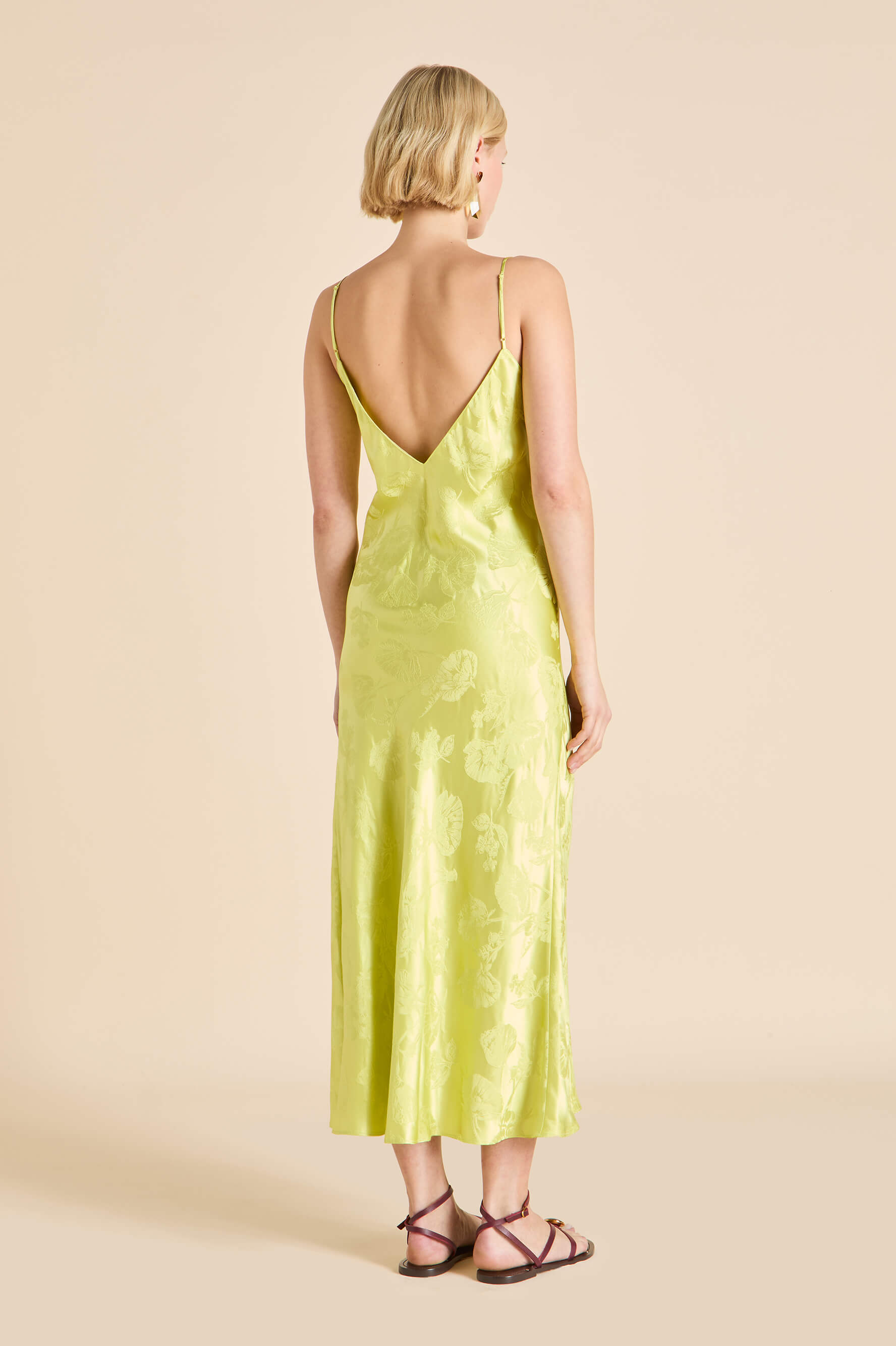 Garbo Ludovica Green Floral Slip Dress in Silk Jacquard