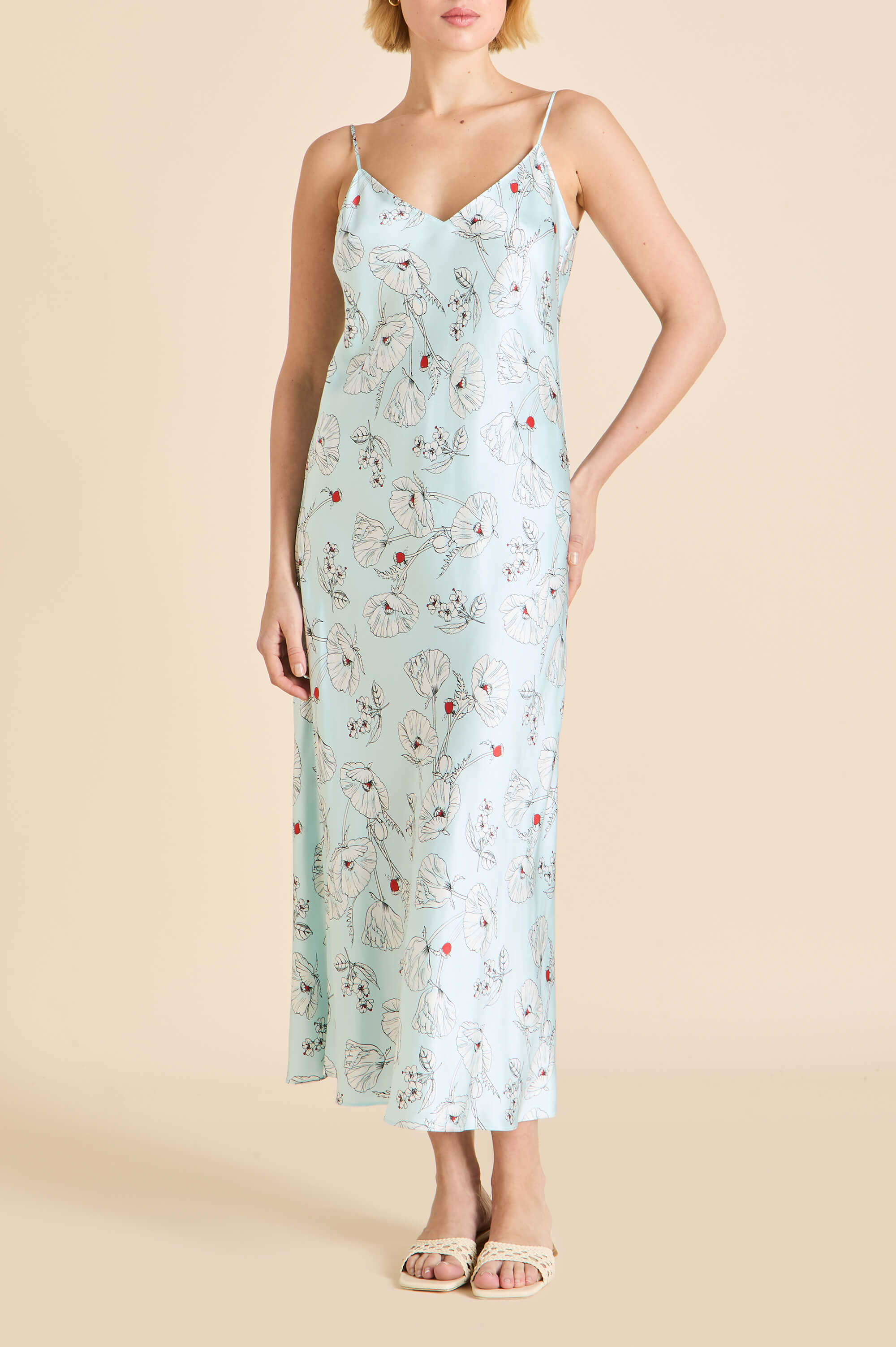 Garbo Serafina Blue Floral Slip Dress in Silk Satin