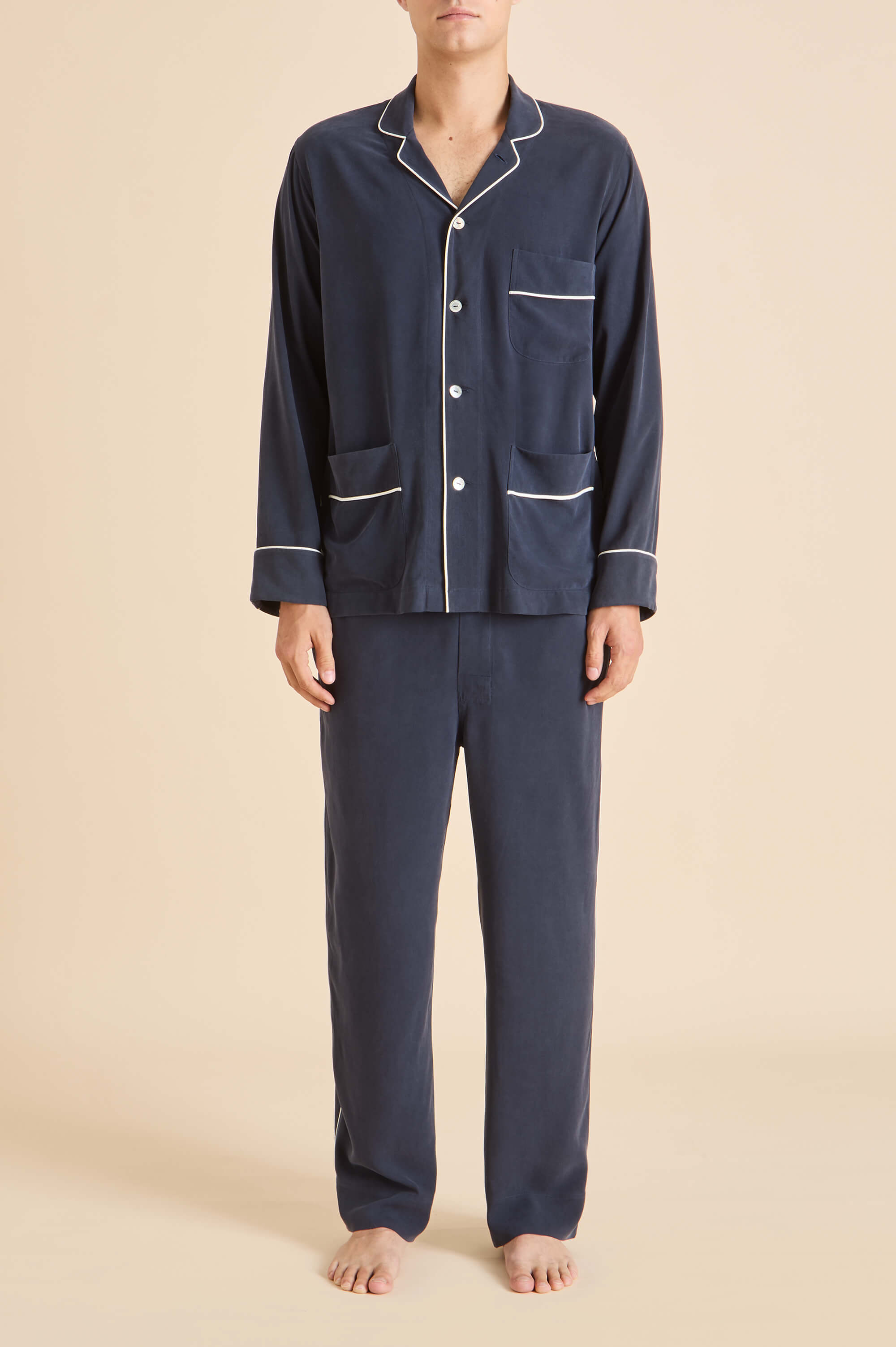 Laurent Navy Pyjamas in Sandwashed Silk | Olivia von Halle
