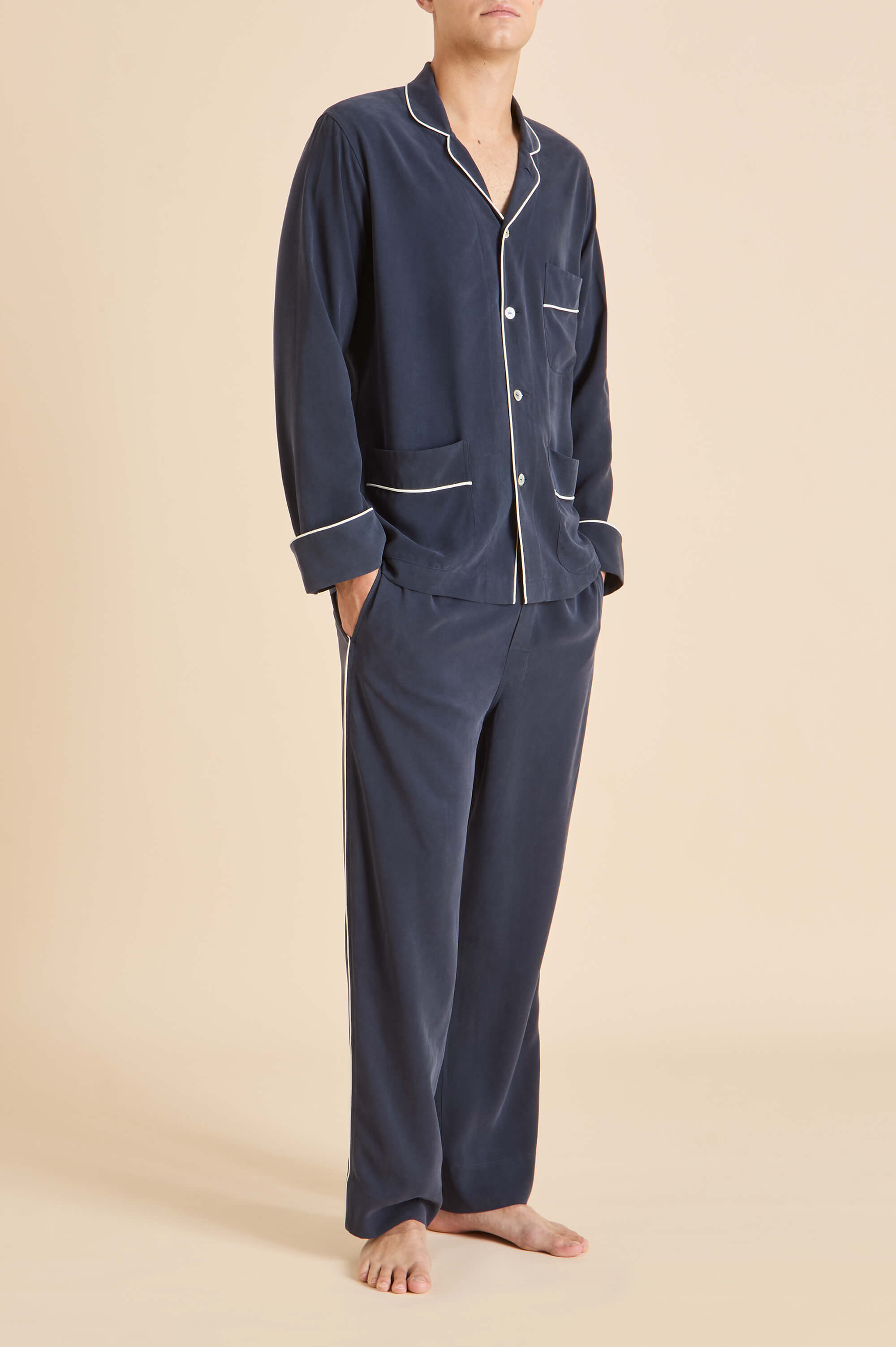 Laurent Navy Pyjamas in Sandwashed Silk | Olivia von Halle