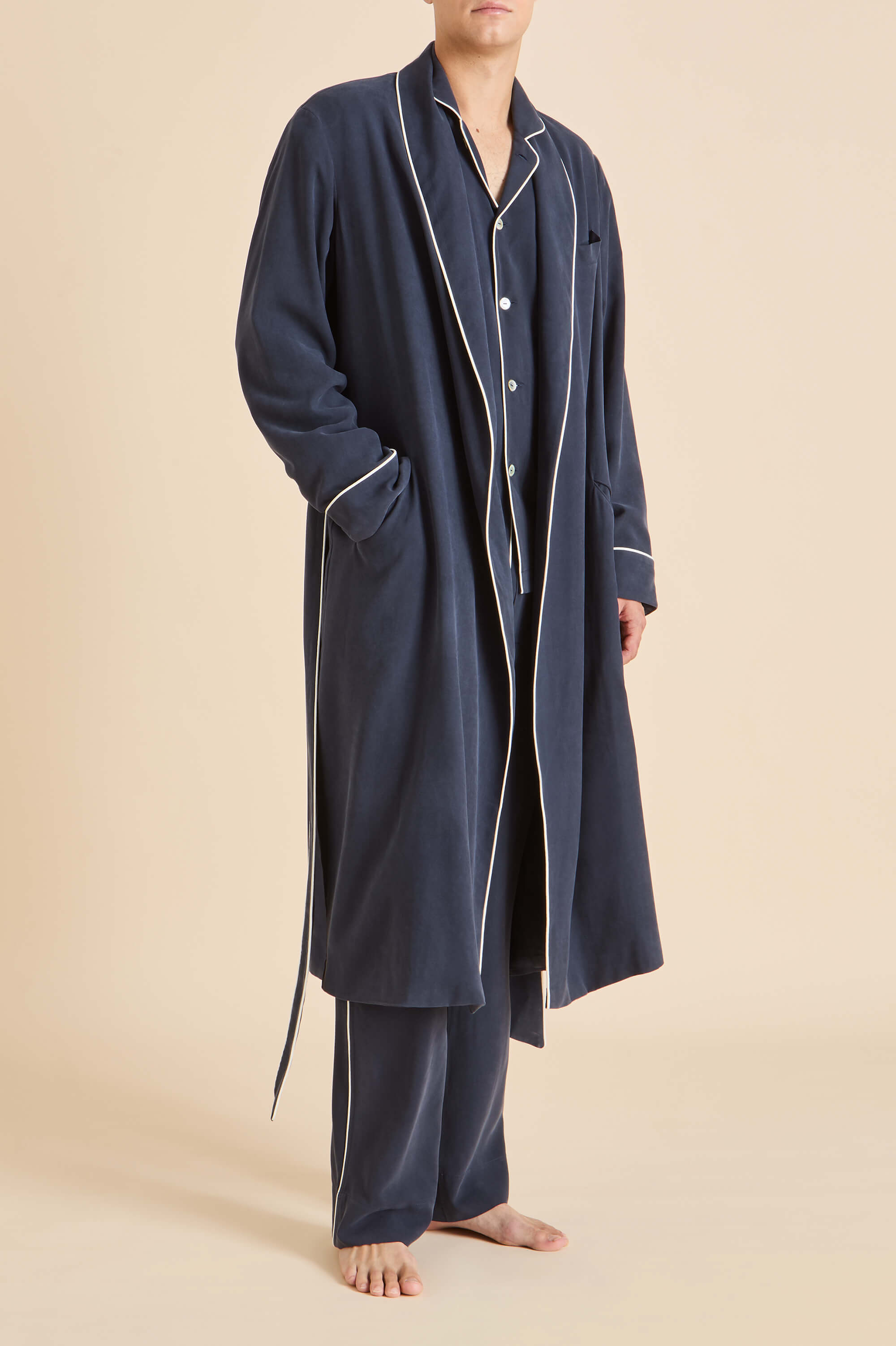 Laurent Navy Pyjamas in Sandwashed Silk | Olivia von Halle