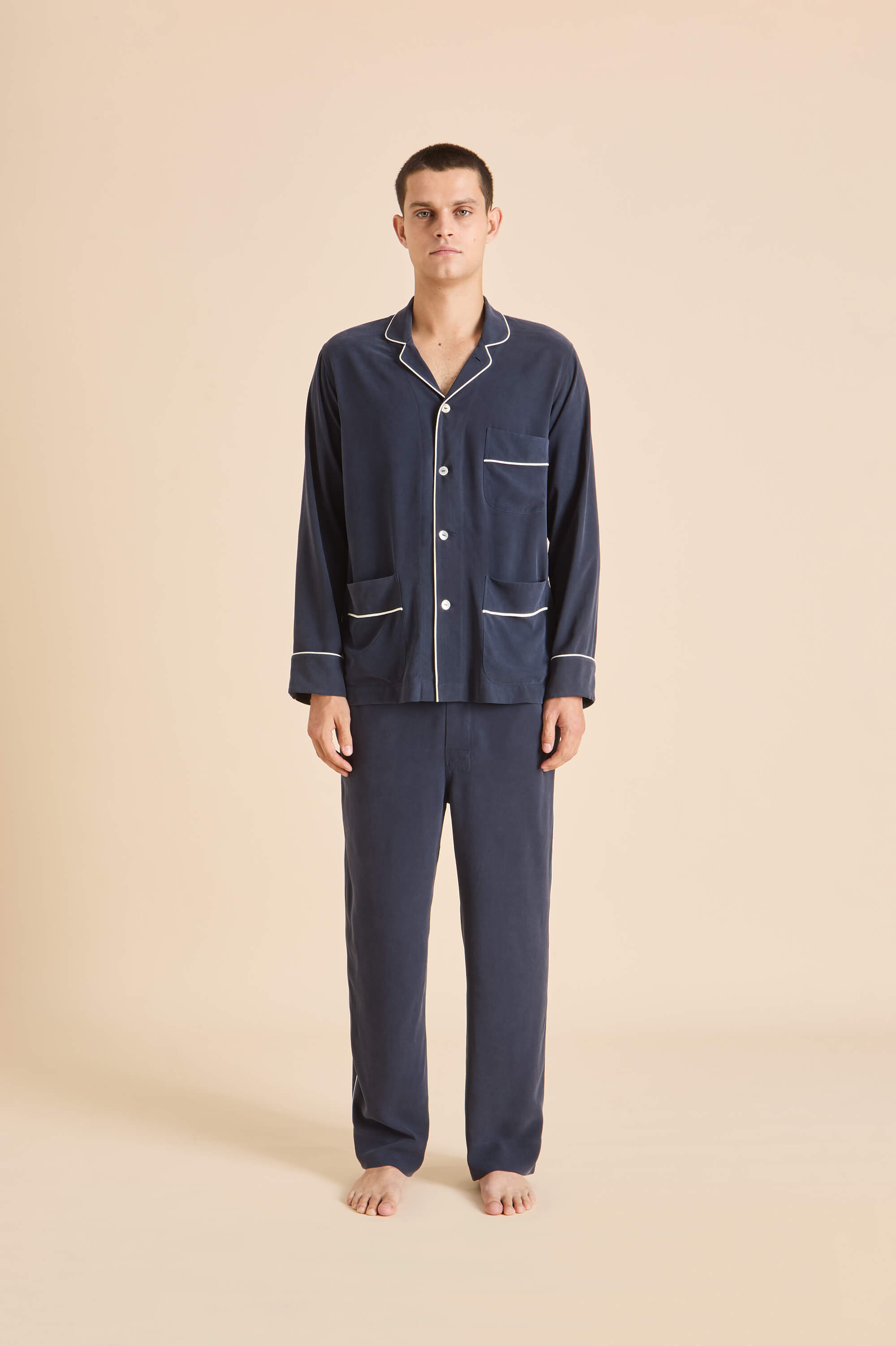 Laurent Navy Pyjamas in Sandwashed Silk | Olivia von Halle