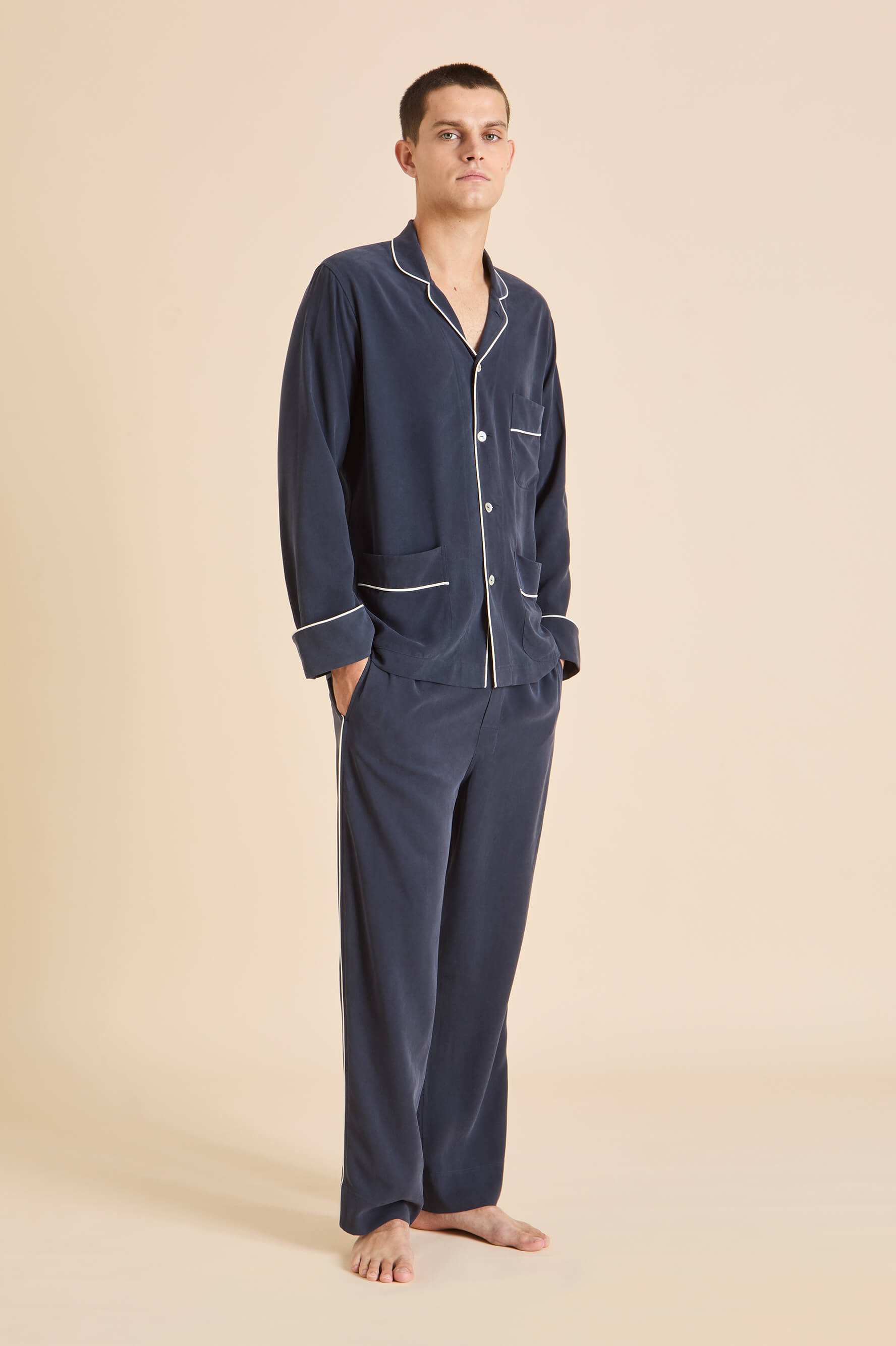 Laurent Navy Pyjamas in Sandwashed Silk | Olivia von Halle