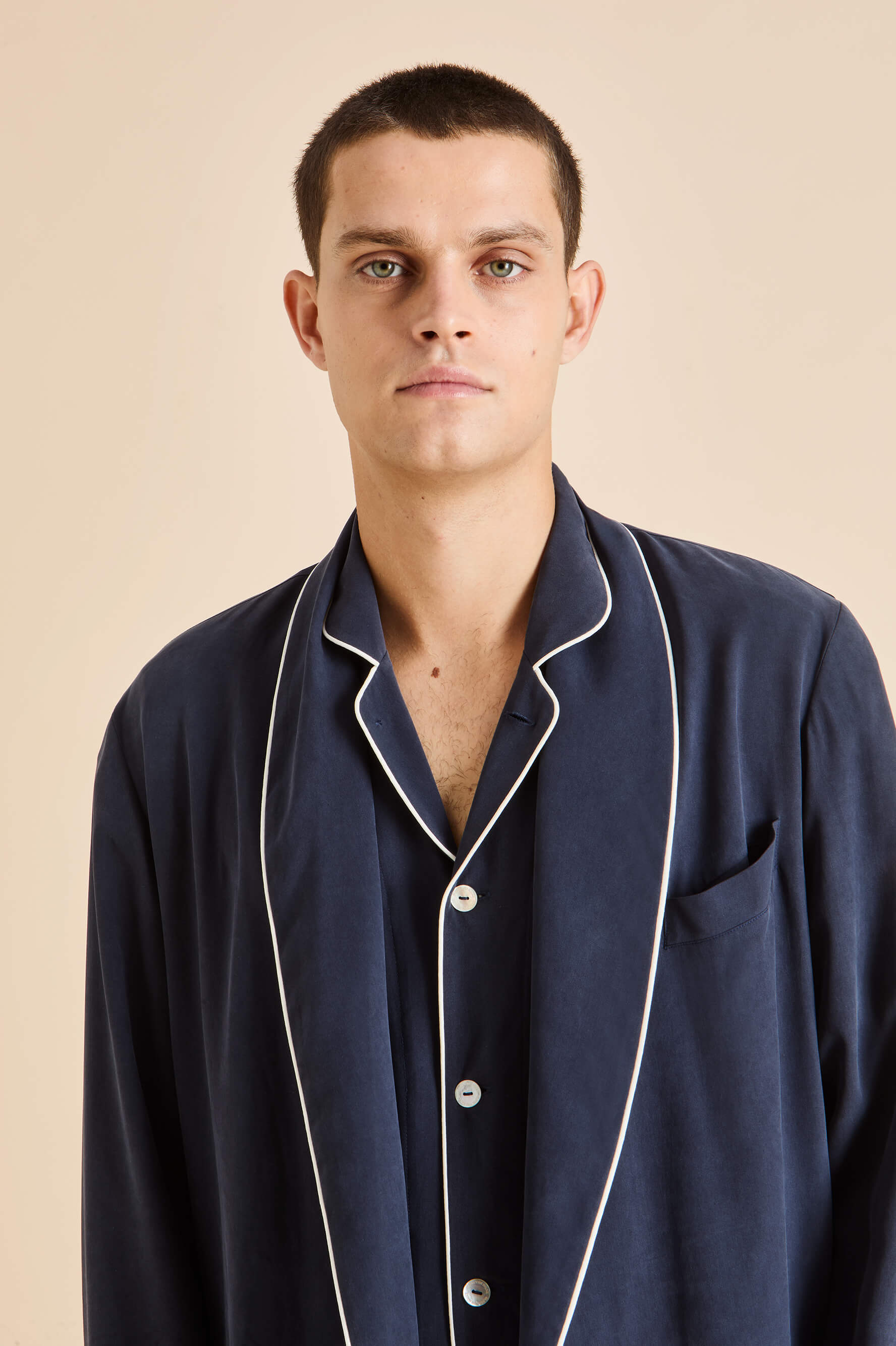 Laurent Navy Pyjamas in Sandwashed Silk | Olivia von Halle