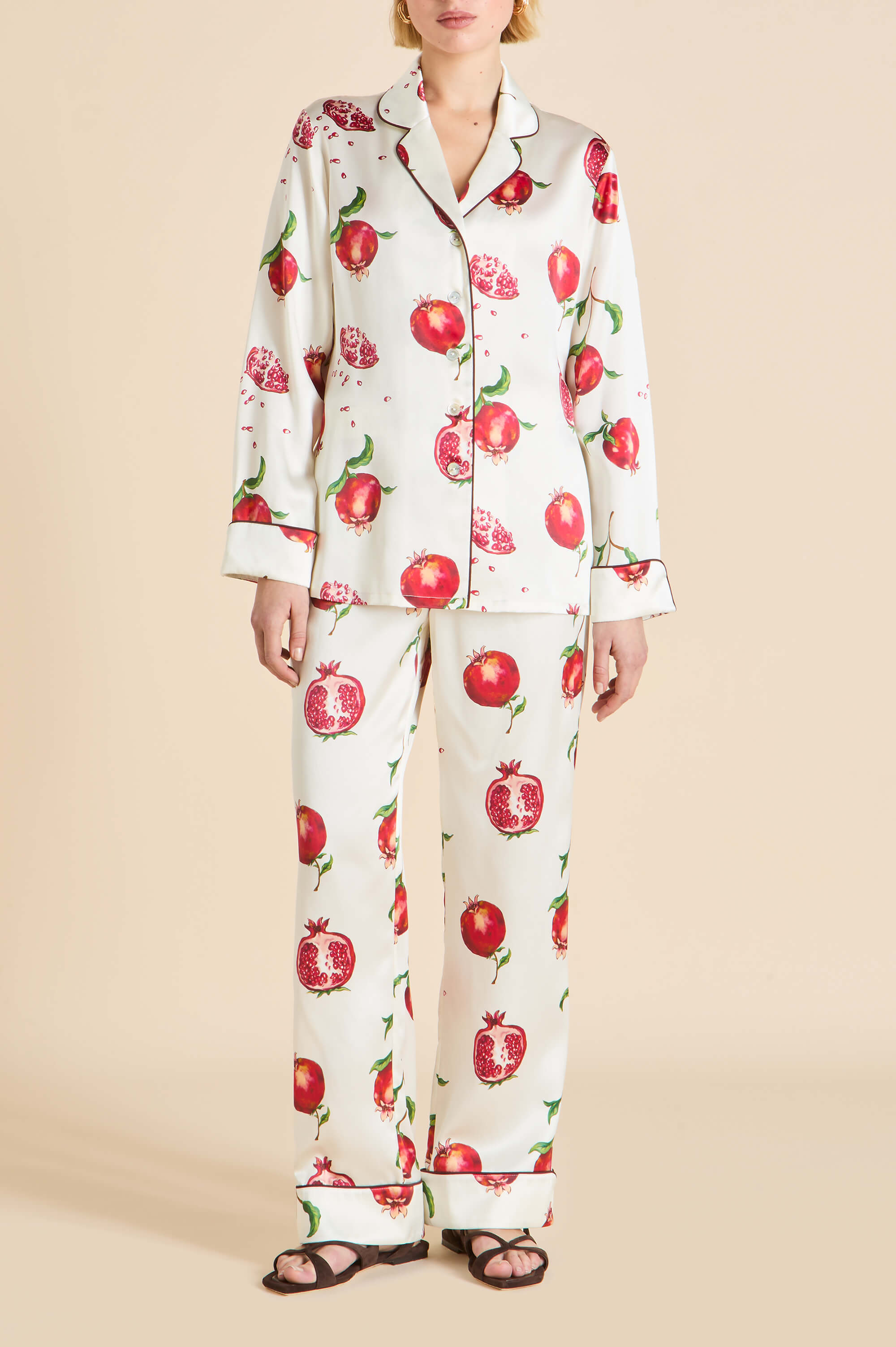 Lila Allegra Ivory Pomegranate Pyjamas in Silk Satin | Olivia von