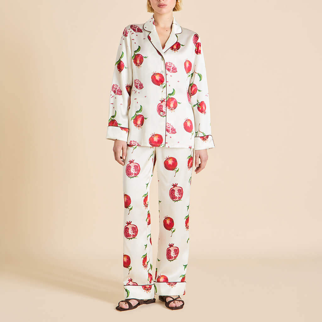 Lila Allegra Ivory Pomegranate Pyjamas in Silk Satin | Olivia von Halle