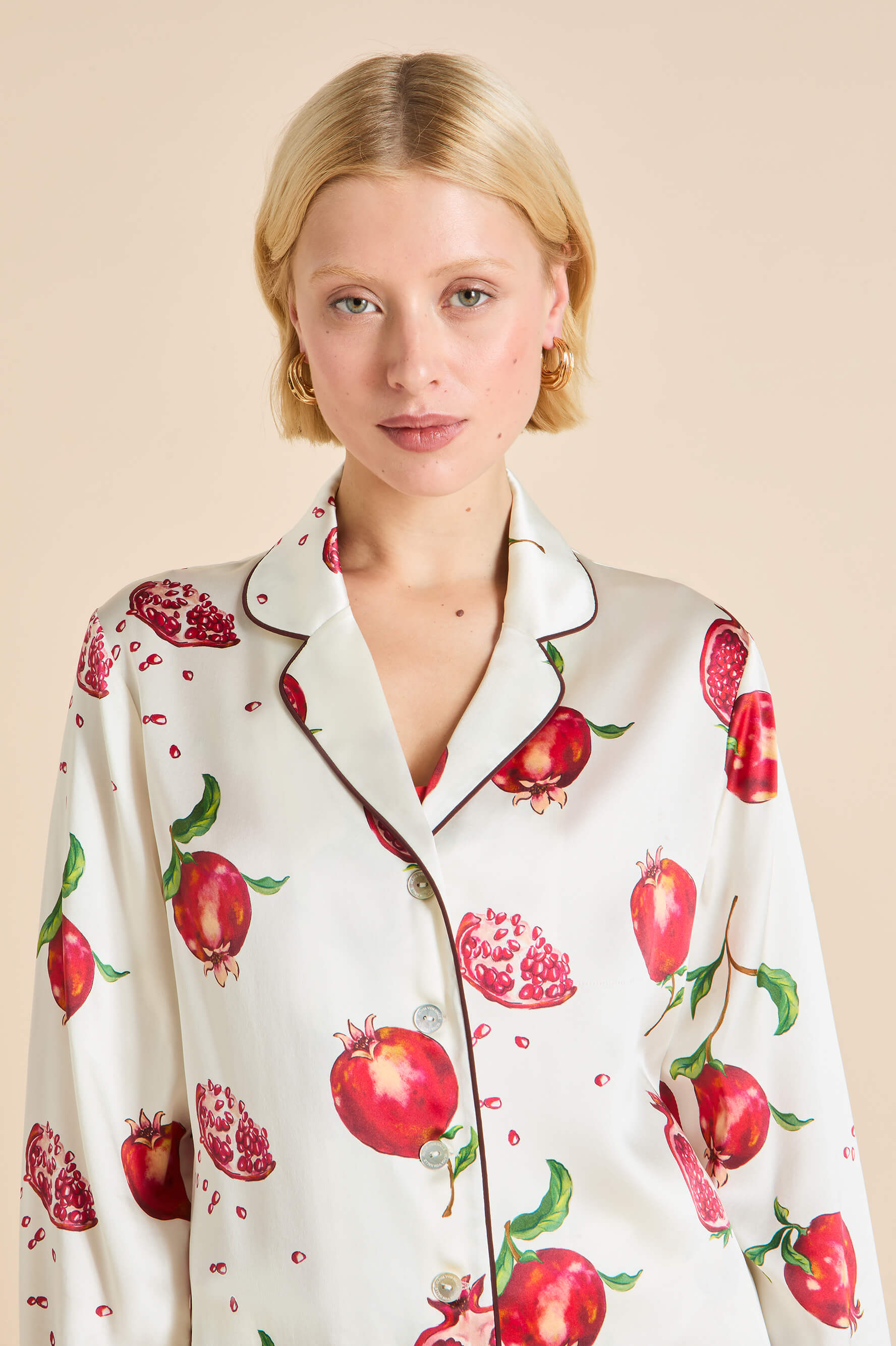 Lila Allegra Ivory Pomegranate Pyjamas in Silk Satin
