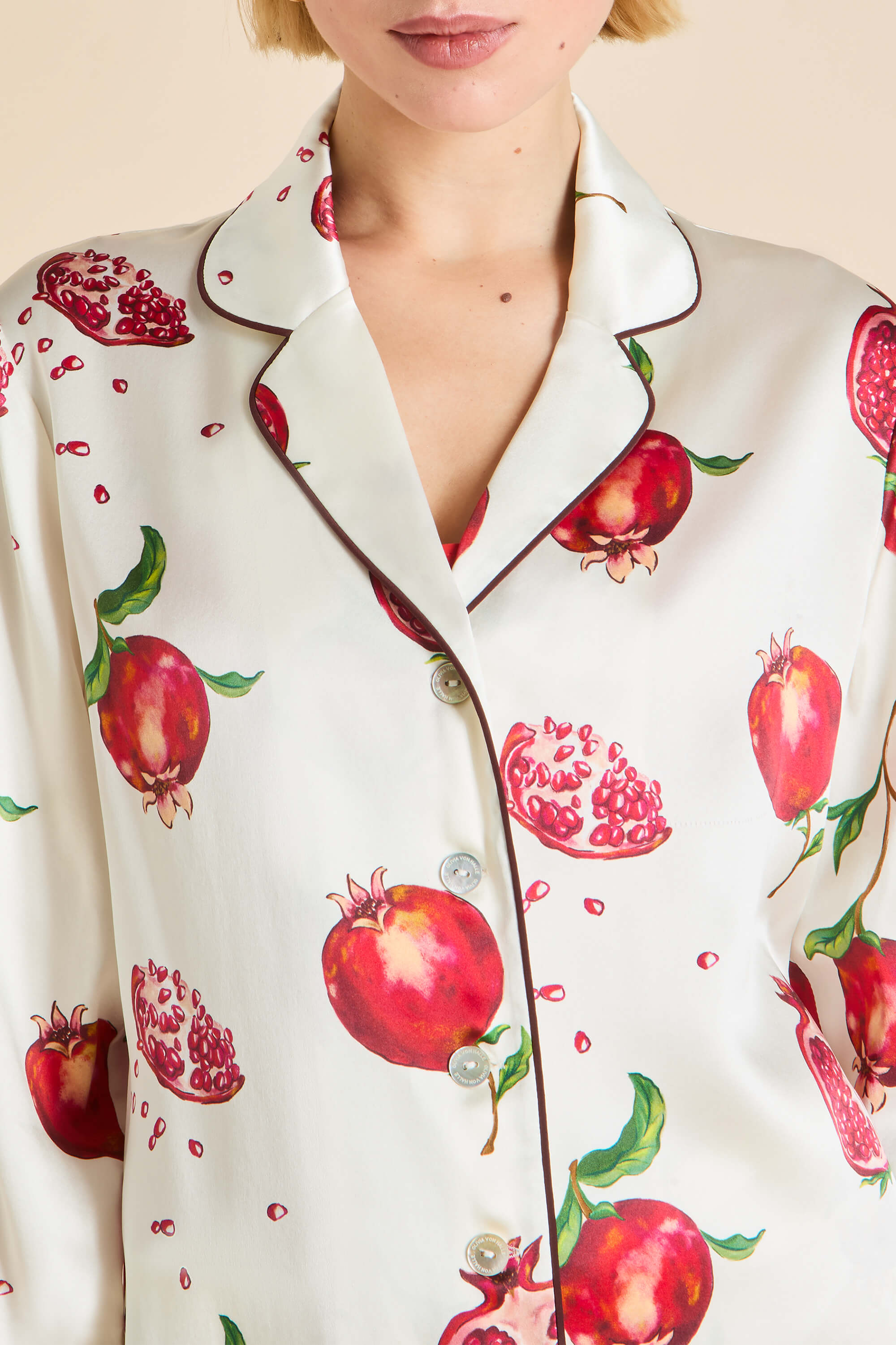 Lila Allegra Ivory Pomegranate Pyjamas in Silk Satin | Olivia von