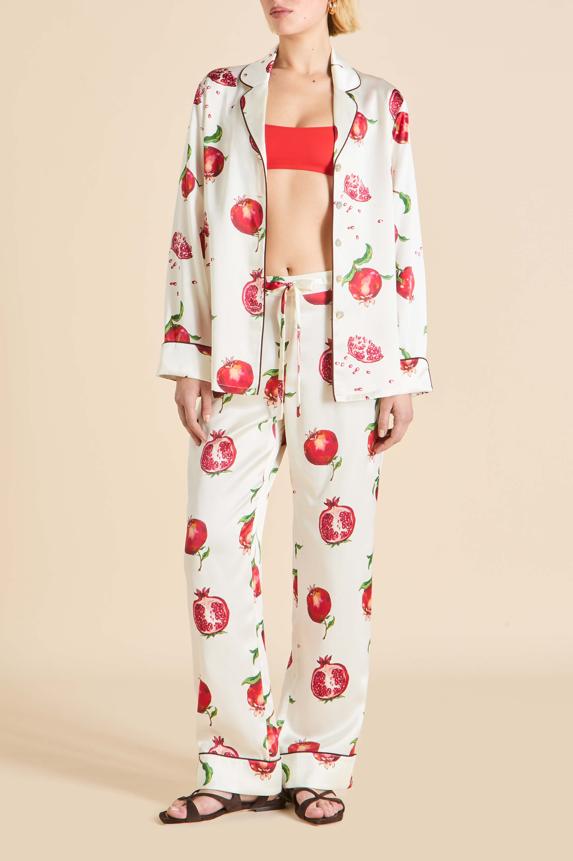 Lila Allegra Ivory Pomegranate Pajamas in Silk Satin