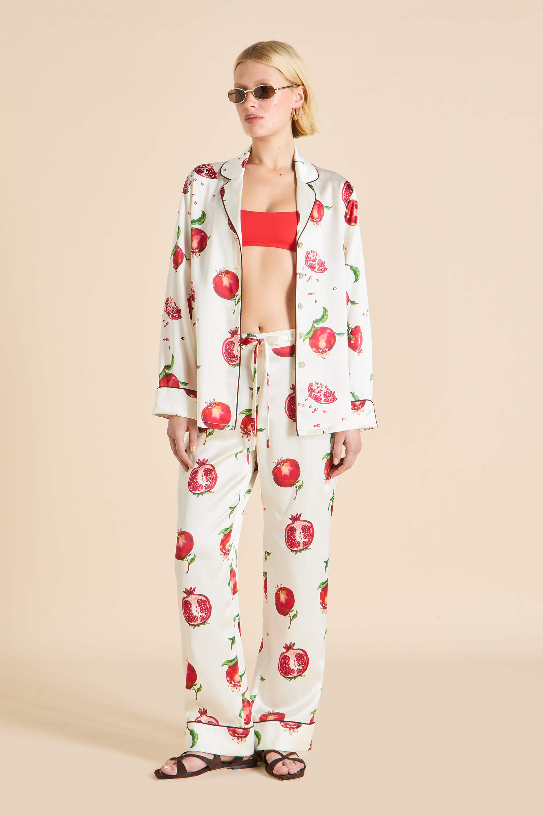 Lila Allegra Ivory Pomegranate Pyjamas in Silk Satin