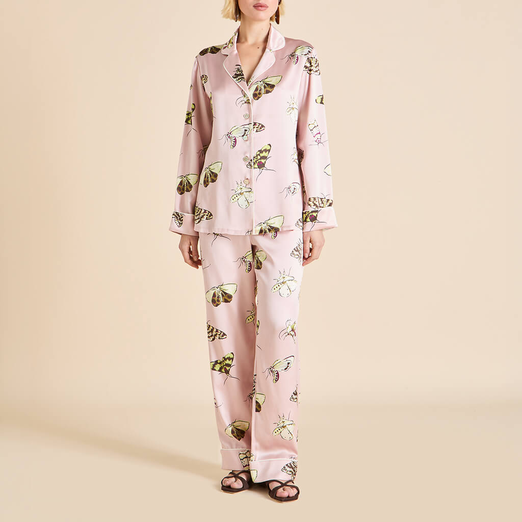 Lila Elda Pink Moth Pyjamas in Silk Satin | Olivia von Halle