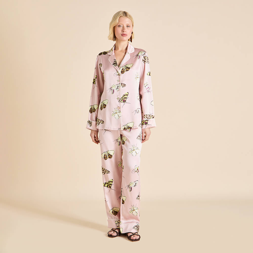 Lila Elda Pink Moth Pyjamas in Silk Satin | Olivia von Halle