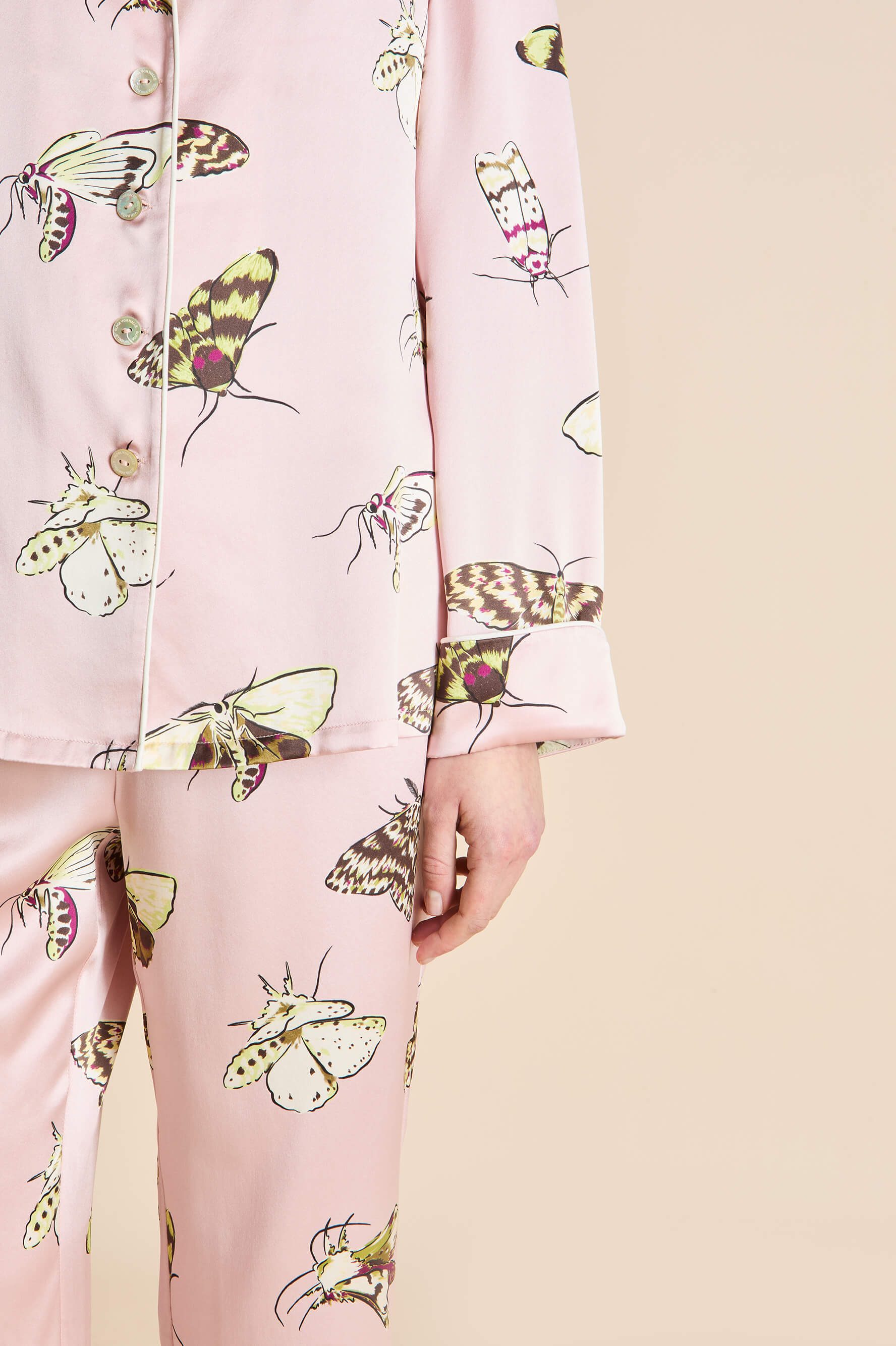 Lila Elda Pink Moth Pyjamas in Silk Satin