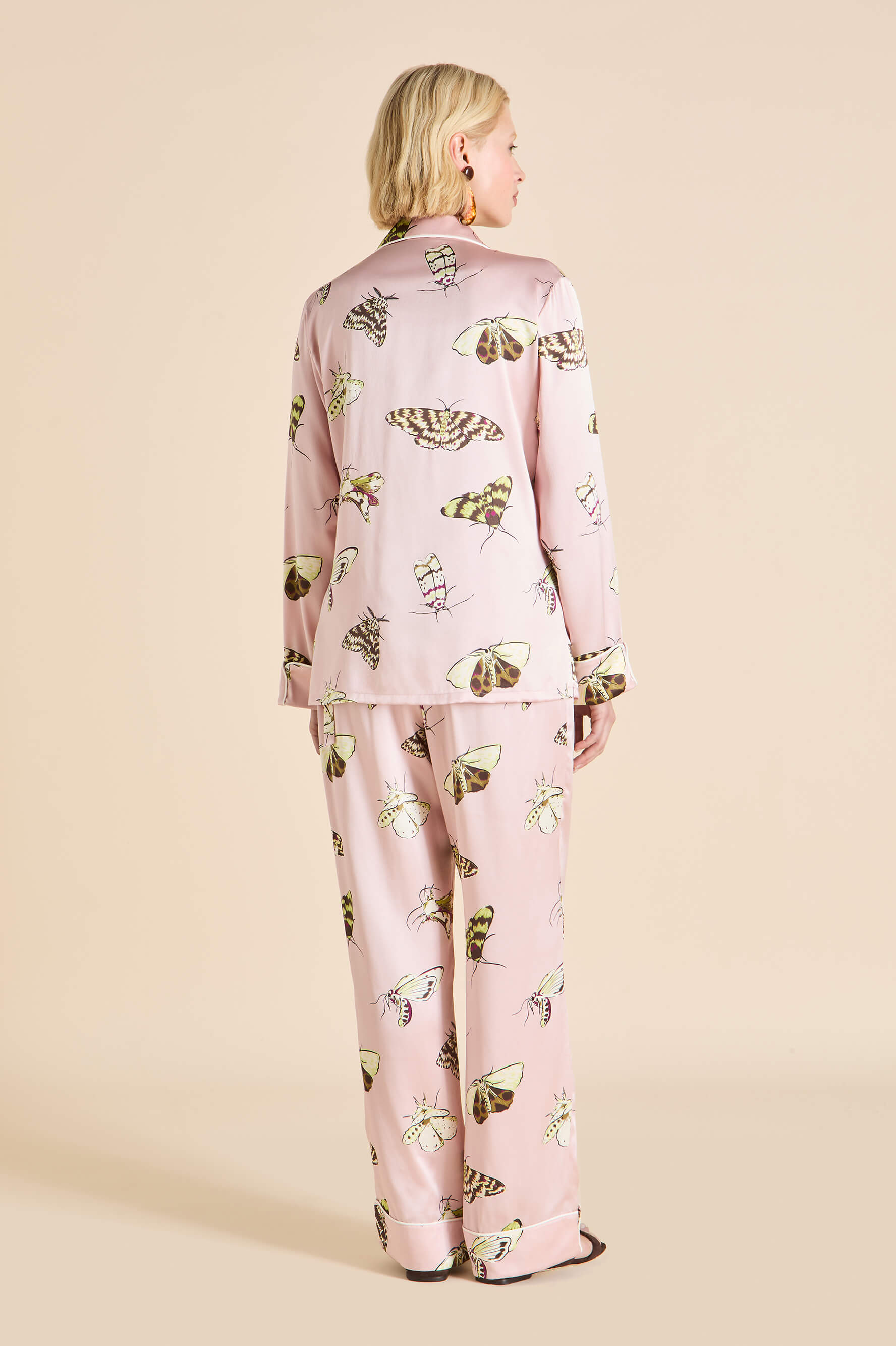 Lila Elda Pink Moth Pyjamas in Silk Satin