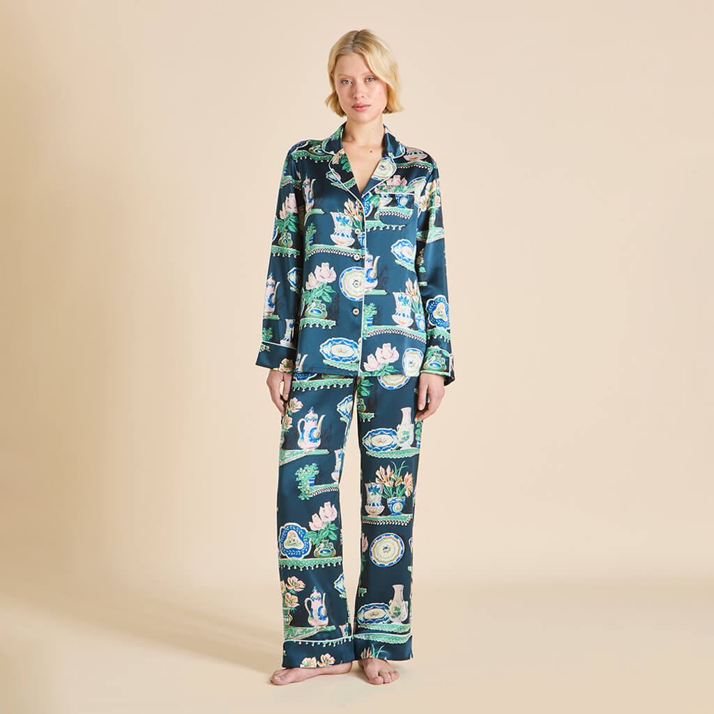 Lila Giotto Blue Plate Pyjamas in Silk Satin | Olivia von Halle