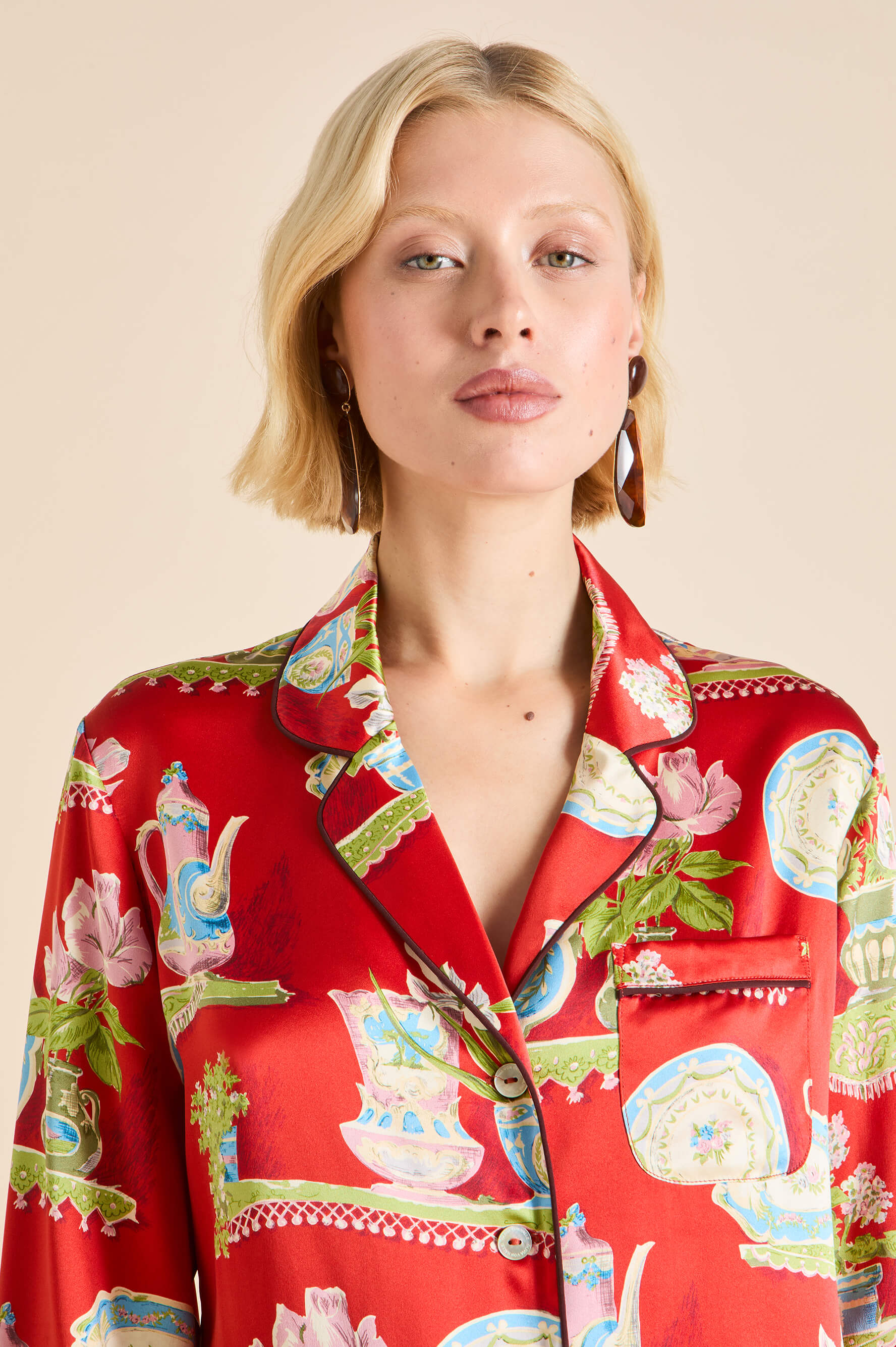 Lila Renata Red Plate Pyjamas in Silk Satin