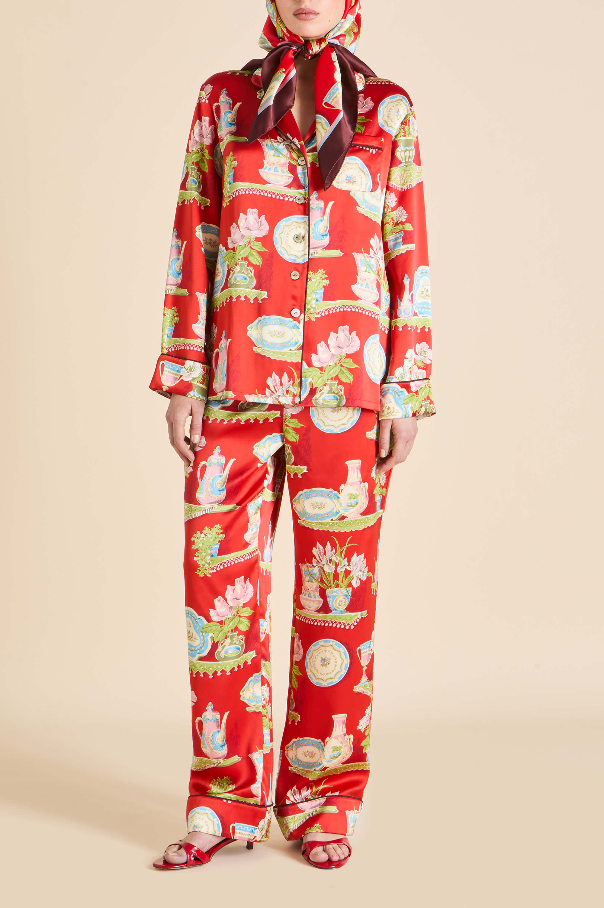 Lila Renata Red Plate Pyjamas in Silk Satin