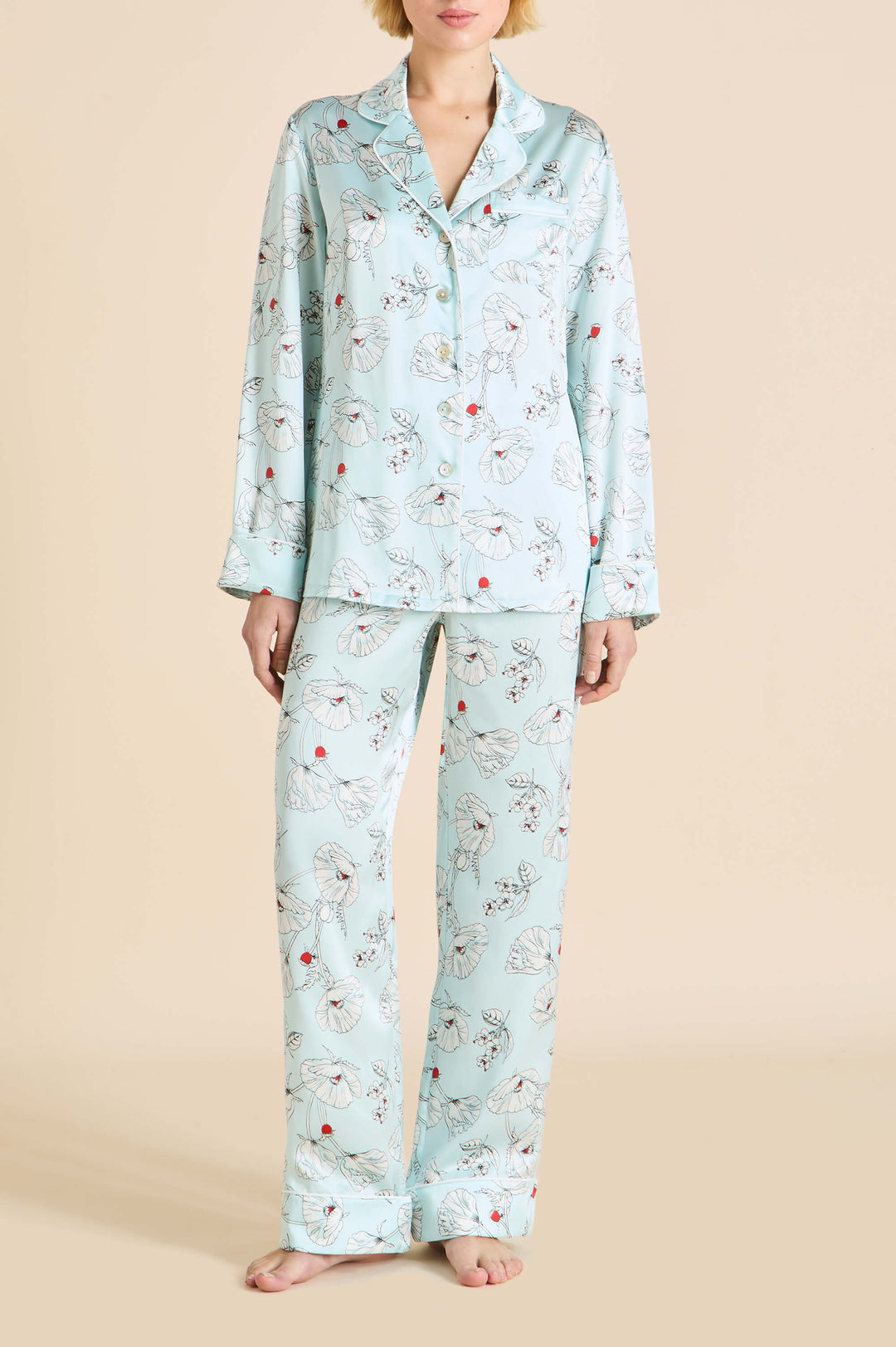 Lila Serafina Blue Floral Pyjamas in Silk Satin | Olivia von Halle
