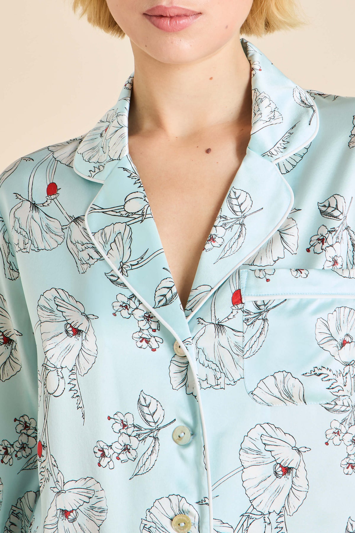 Lila Serafina Blue Floral Pyjamas in Silk Satin | Olivia von Halle