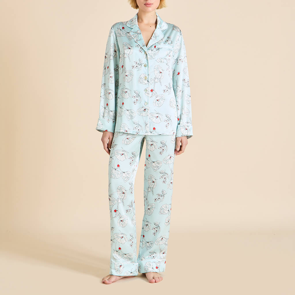 Lila Serafina Blue Floral Pyjamas in Silk Satin | Olivia von Halle