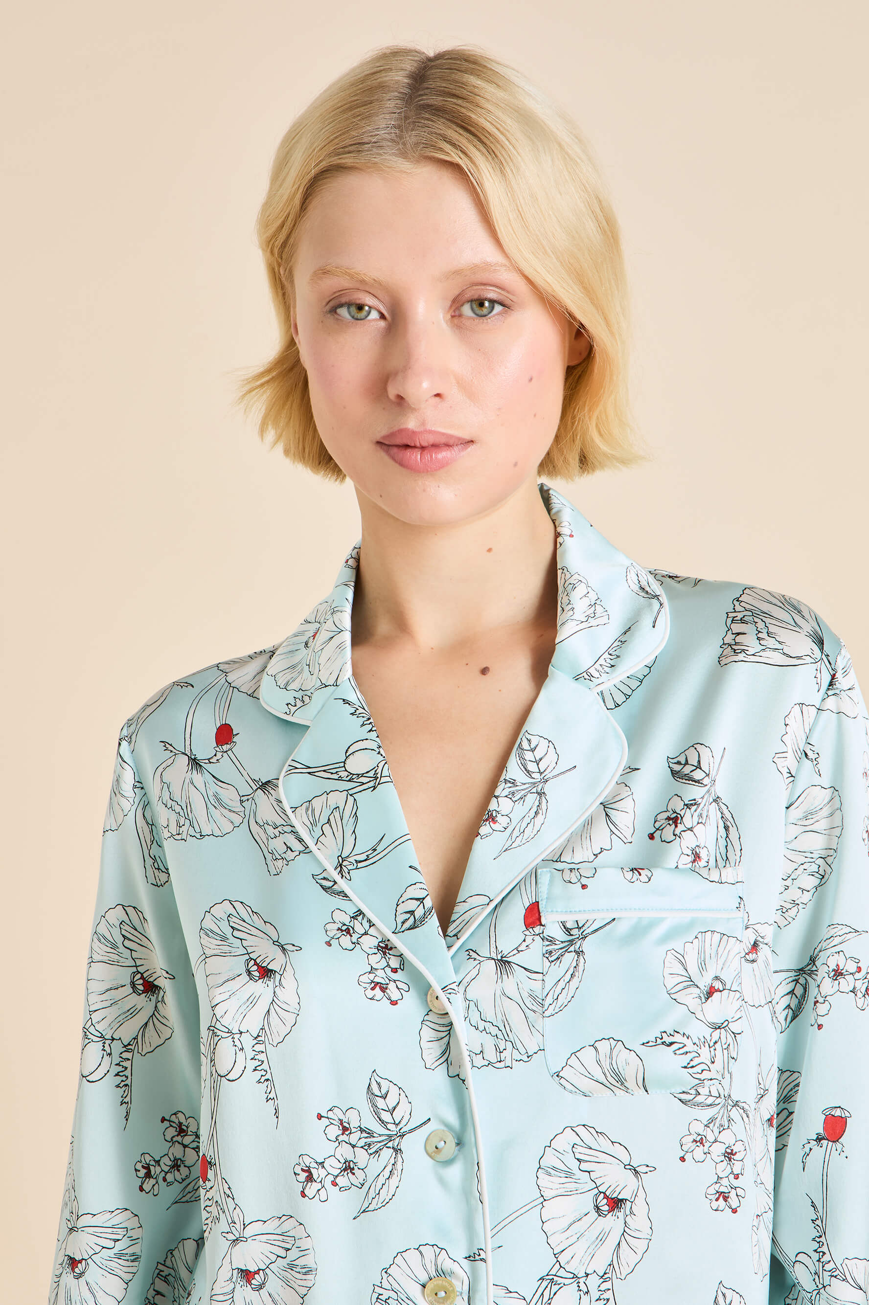 Lila Serafina Blue Floral Pyjamas in Silk Satin