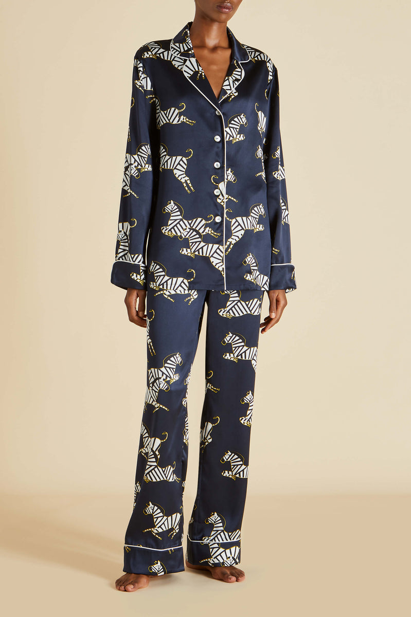 Lila Zizi Navy Pajamas in Silk Satin | Olivia von Halle