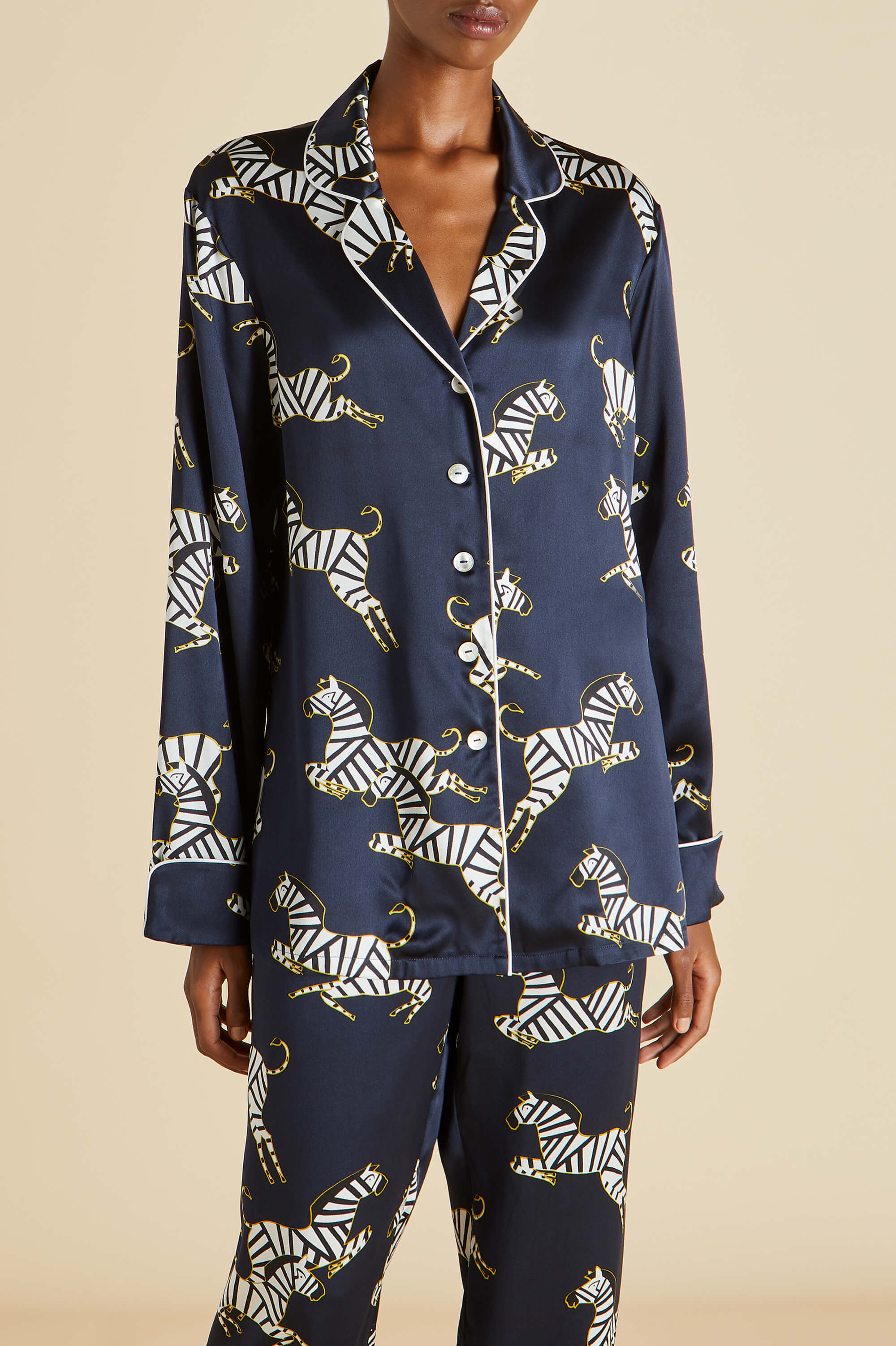 Lila Zizi Navy Pajamas in Silk Satin | Olivia von Halle