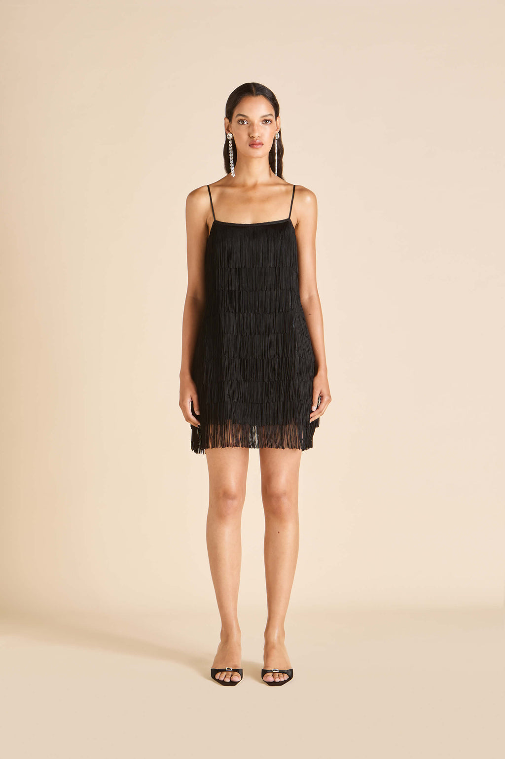 knee length dresses for ladies Olivia Von Halle | Lola Valentina Black Fringe Slip Dress in Silk Satin | Women