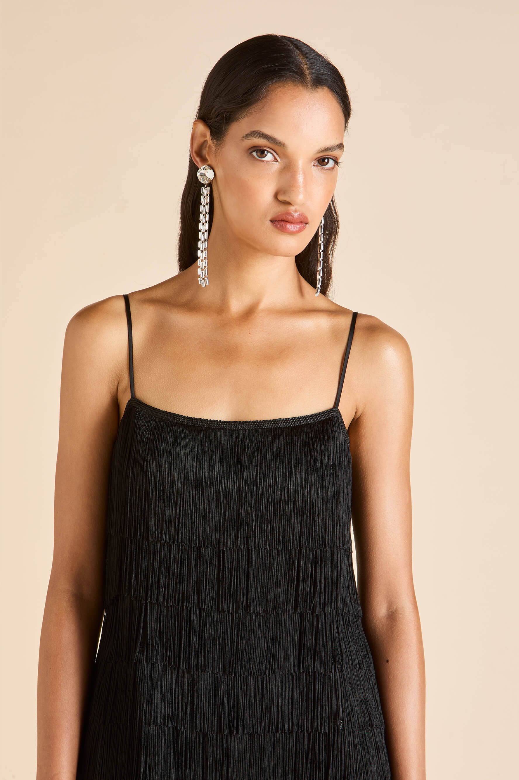 lola valentina black fringe slip dress in silk satin 