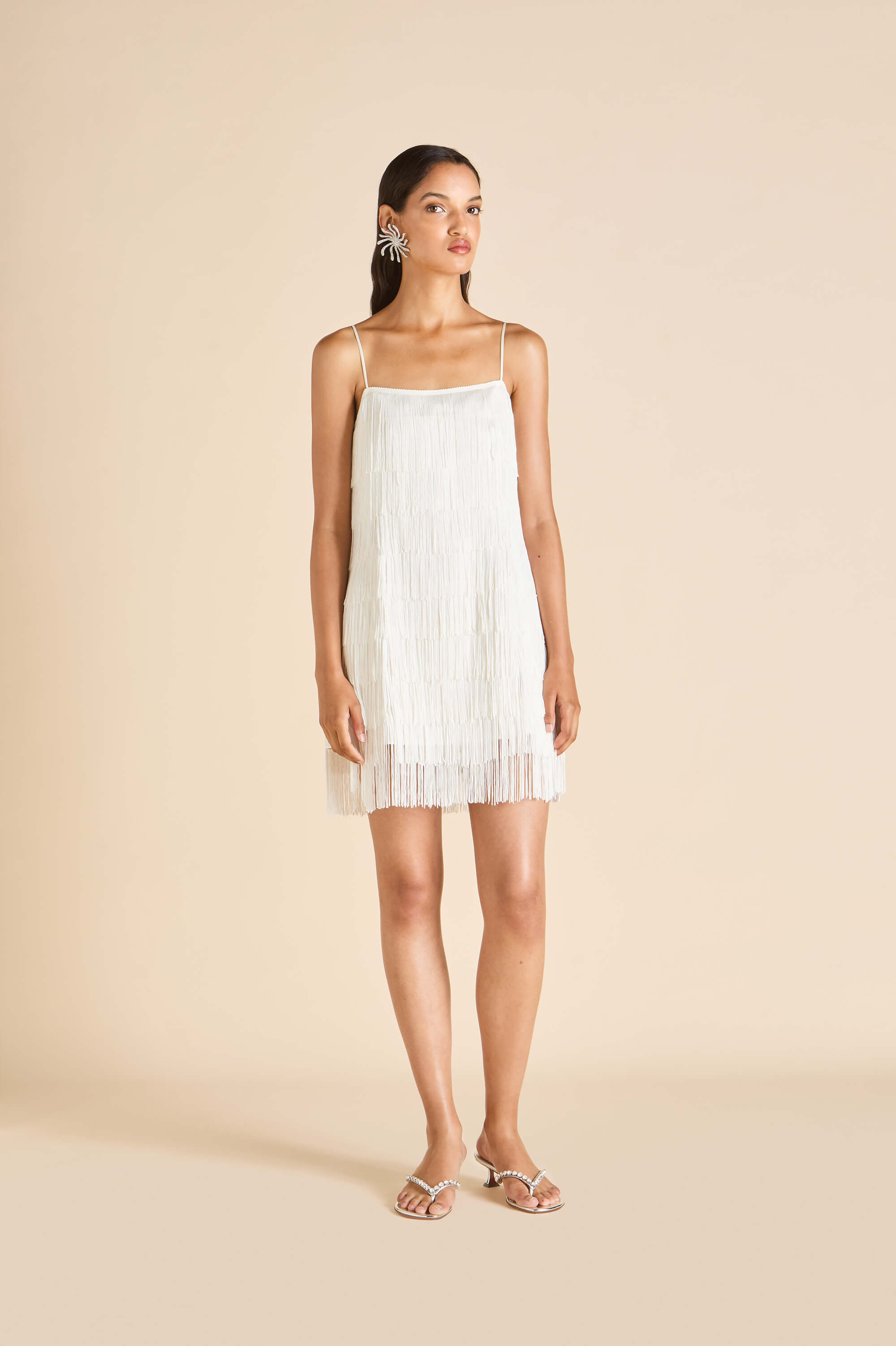 chinese dress ladies Olivia Von Halle | Lola Vivienne Ivory Fringe Slip Dress in Silk Satin | Women