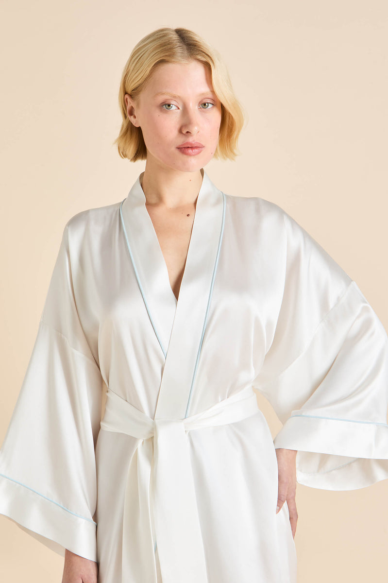 Mimi Ivory Powder Blue Robe in Silk Satin | Olivia von Halle