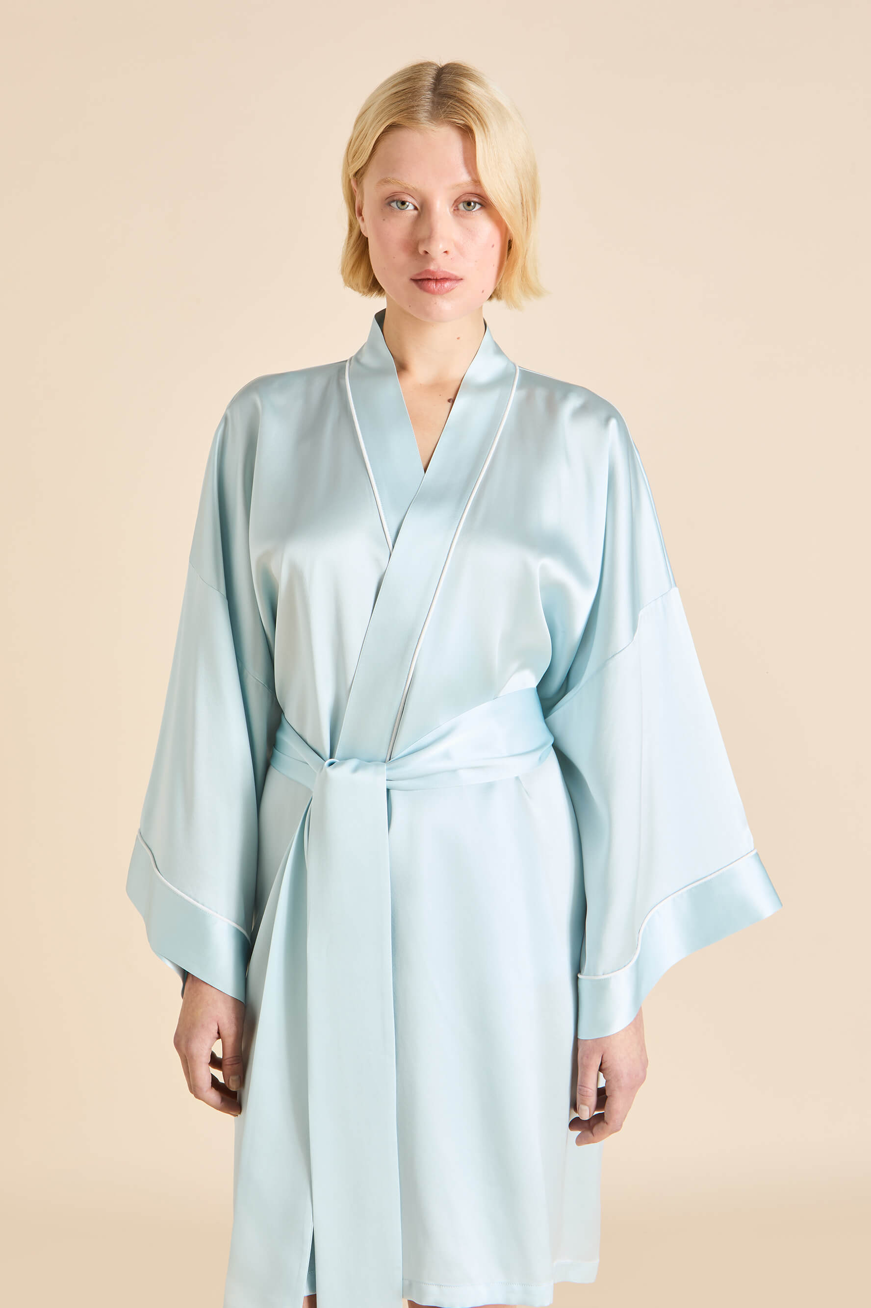 Mimi Powder Blue Ivory Robe in Silk Satin