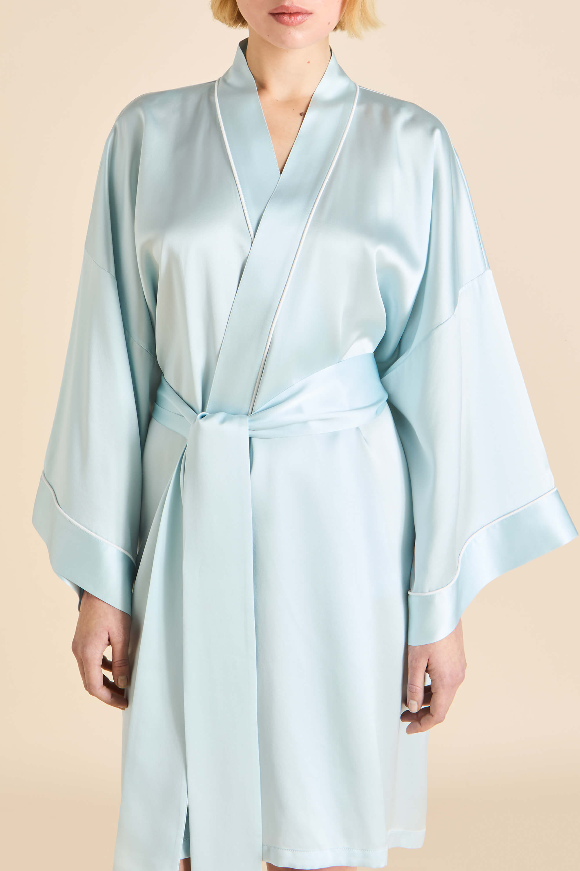 Mimi Powder Blue Ivory Robe in Silk Satin
