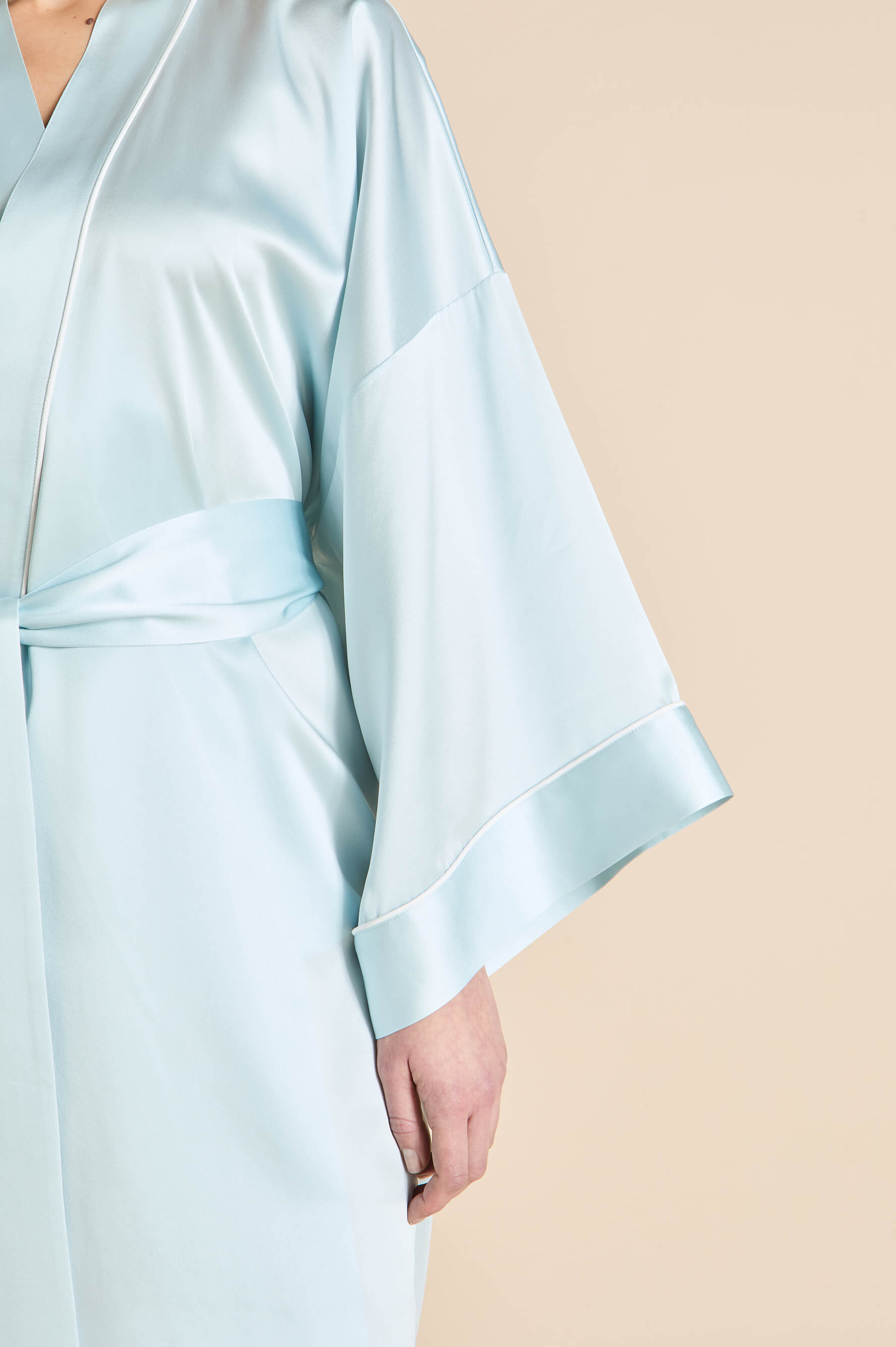 Mimi Powder Blue Ivory Robe in Silk Satin