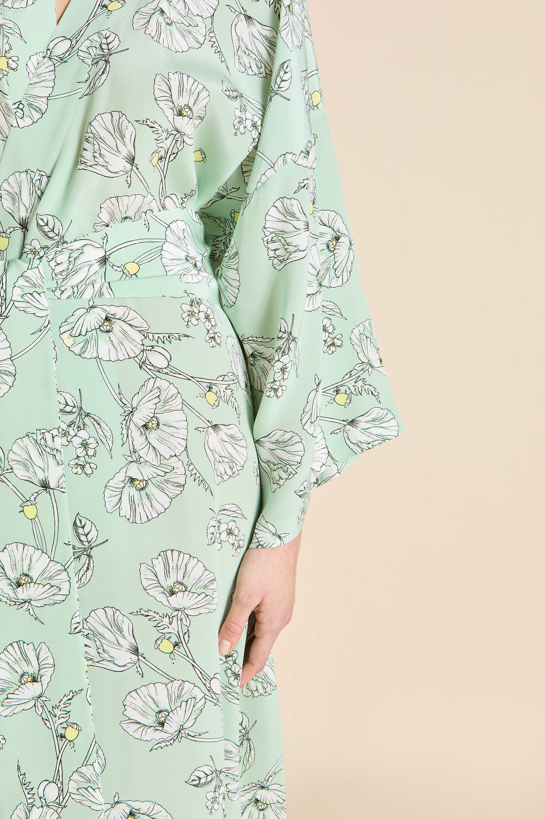 Queenie Delfina Green Floral Robe in Silk Crêpe de Chine