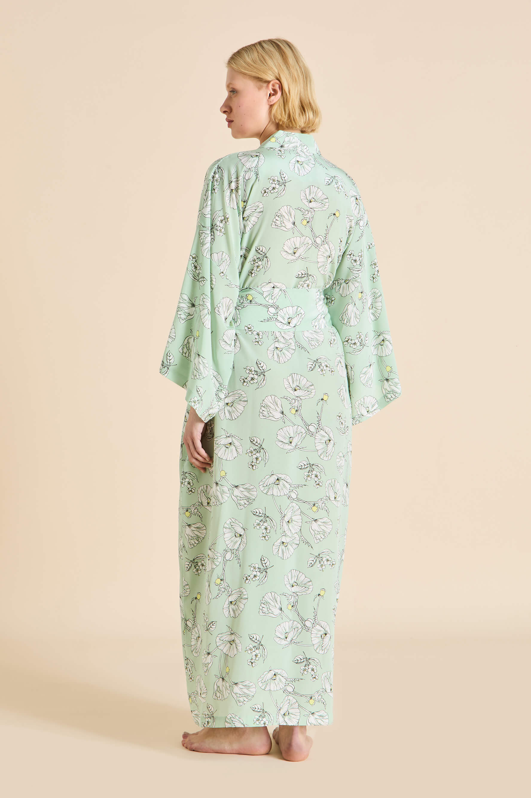 Queenie Delfina Green Floral Robe in Silk Crêpe de Chine