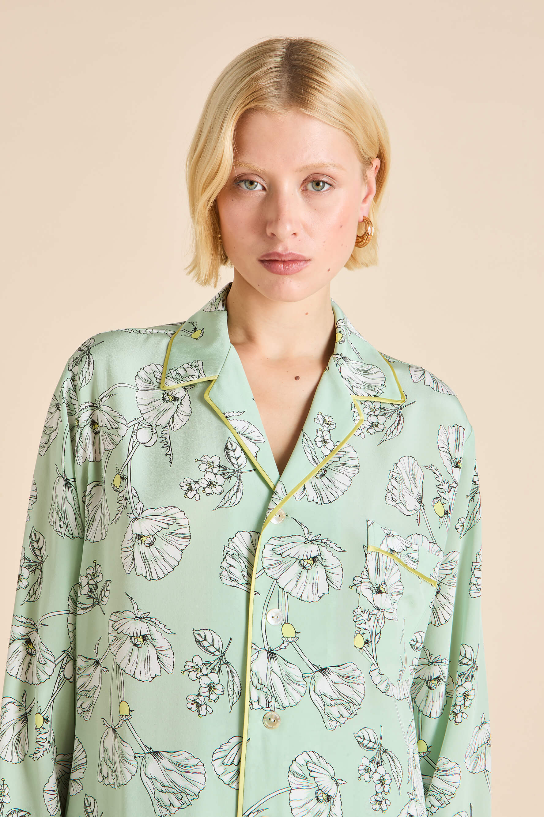 Yves Delfina Green Floral Pyjamas in Silk Crêpe de Chine