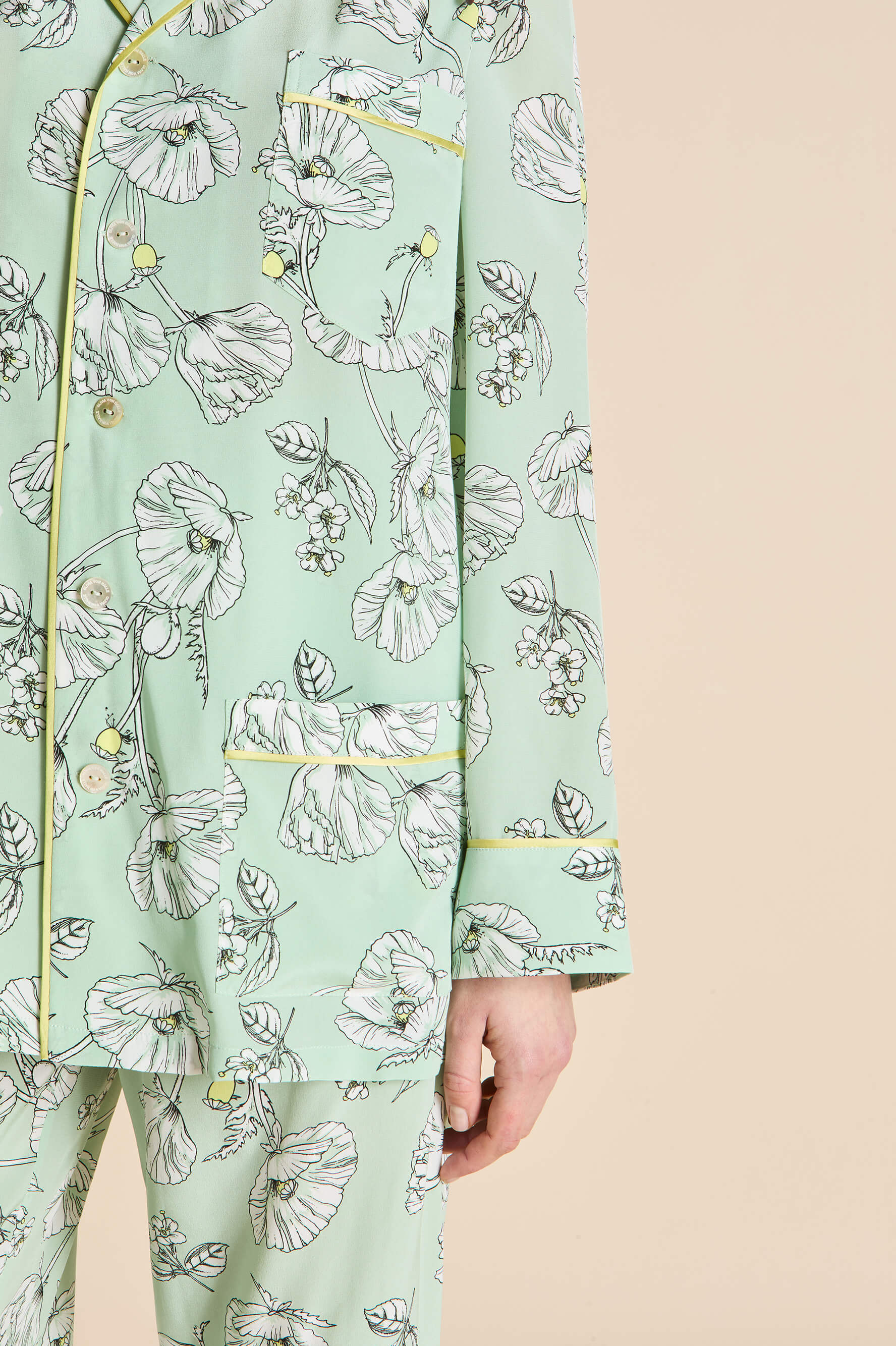 Yves Delfina Green Floral Pyjamas in Silk Crêpe de Chine