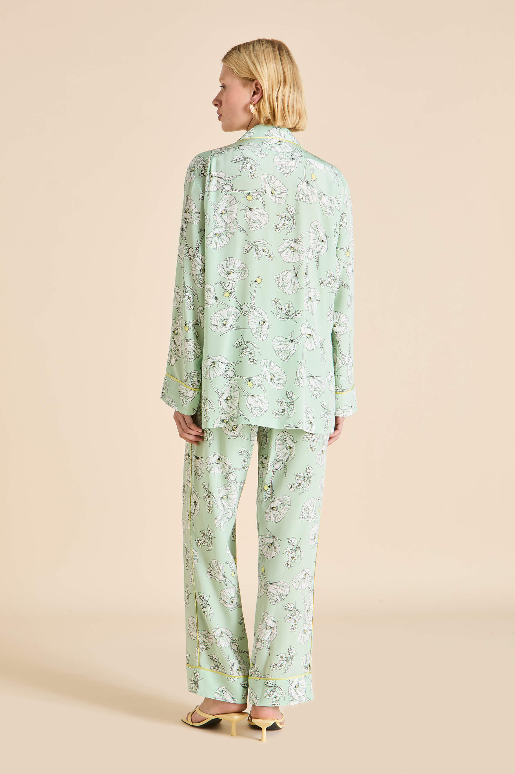 Yves Delfina Green Floral Pyjamas in Silk Crêpe de Chine