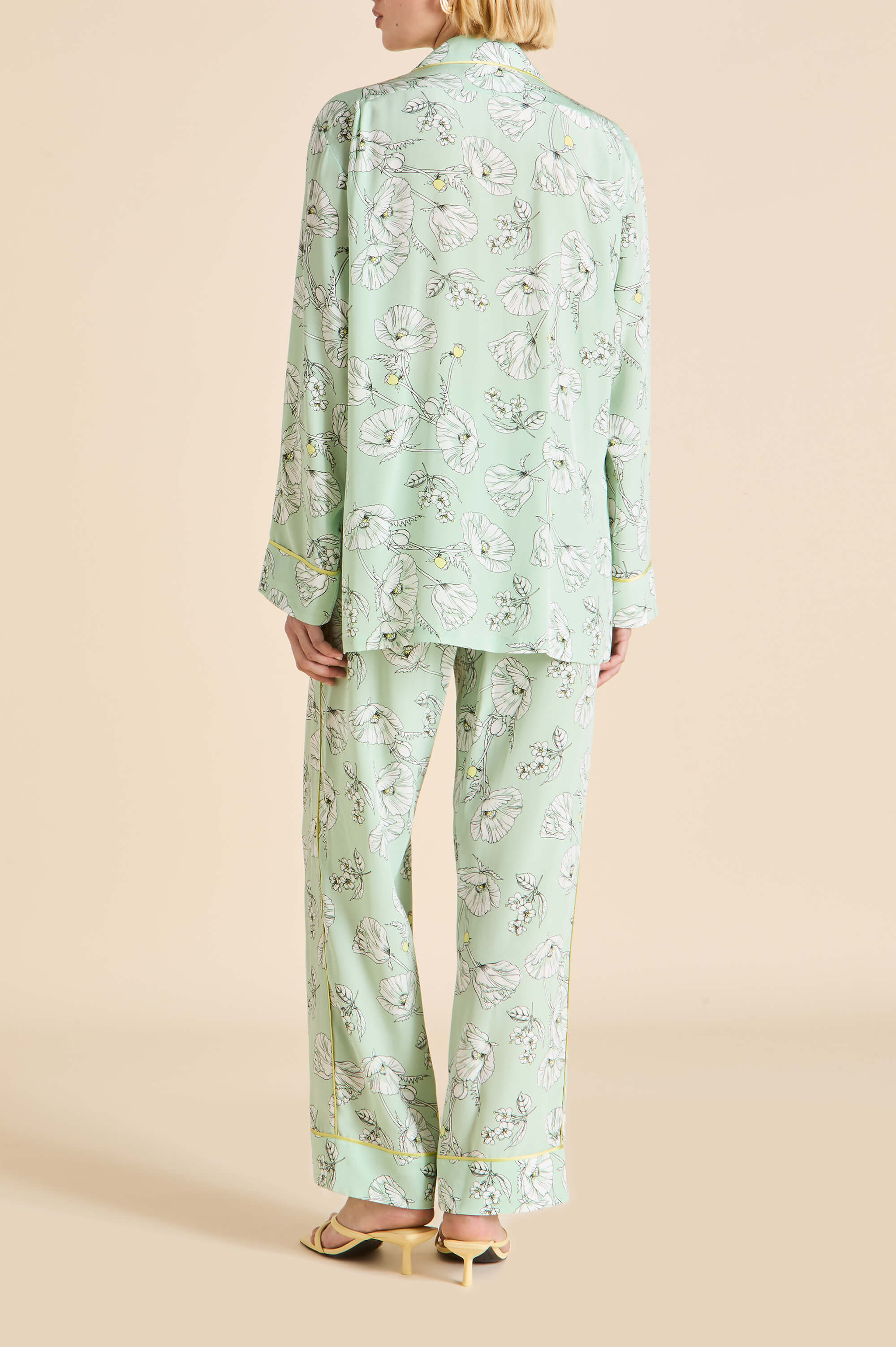 Yves Delfina Green Floral Pyjamas in Silk Crêpe de Chine