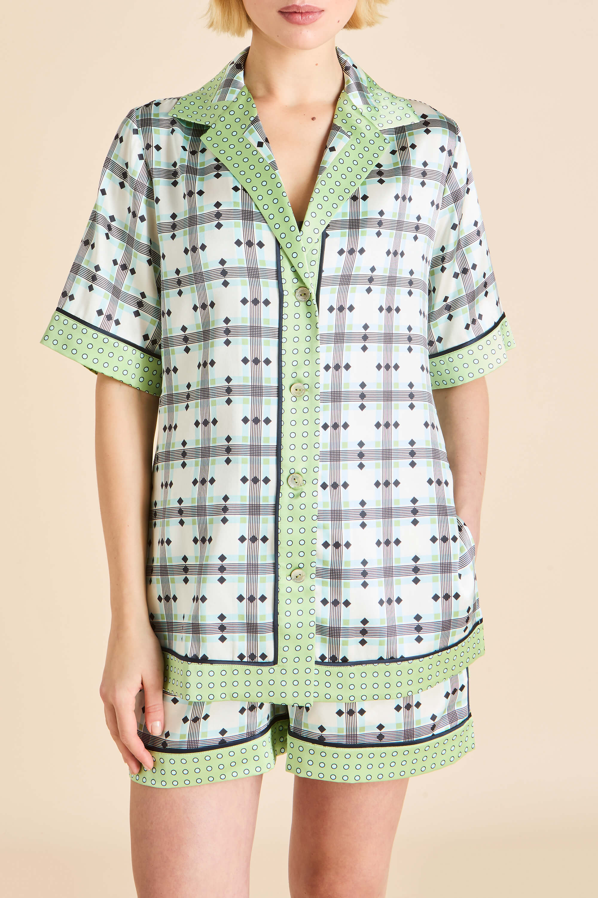 zelda cini green geometric pyjamas in silk satin 