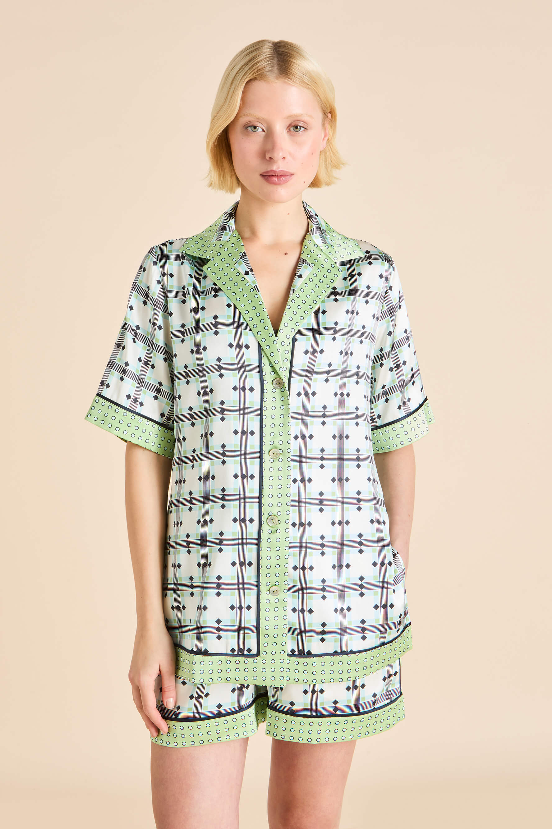 Zelda Cini Green Geometric Pyjamas in Silk Satin
