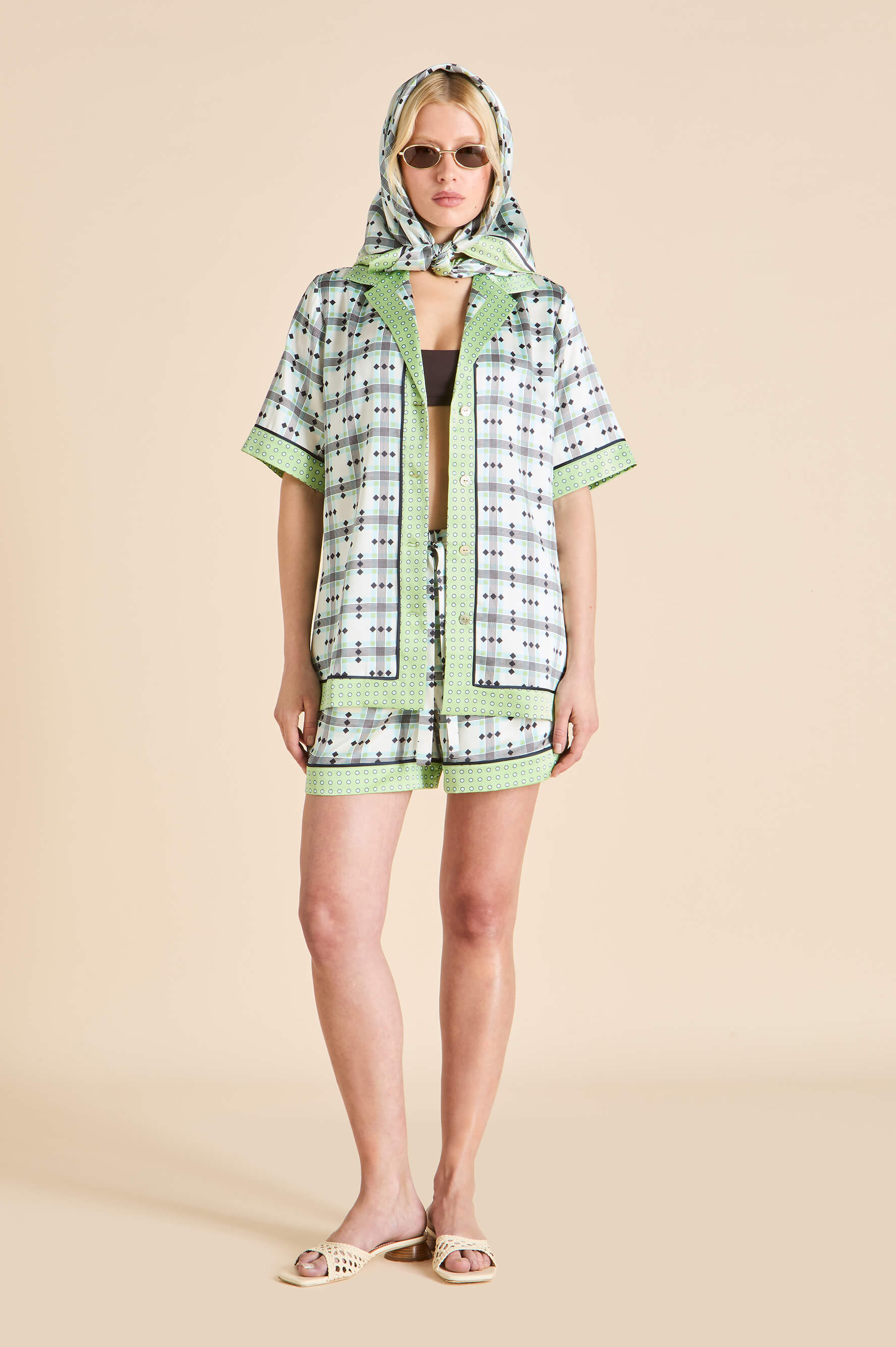 Zelda Cini Green Geometric Pyjamas in Silk Satin