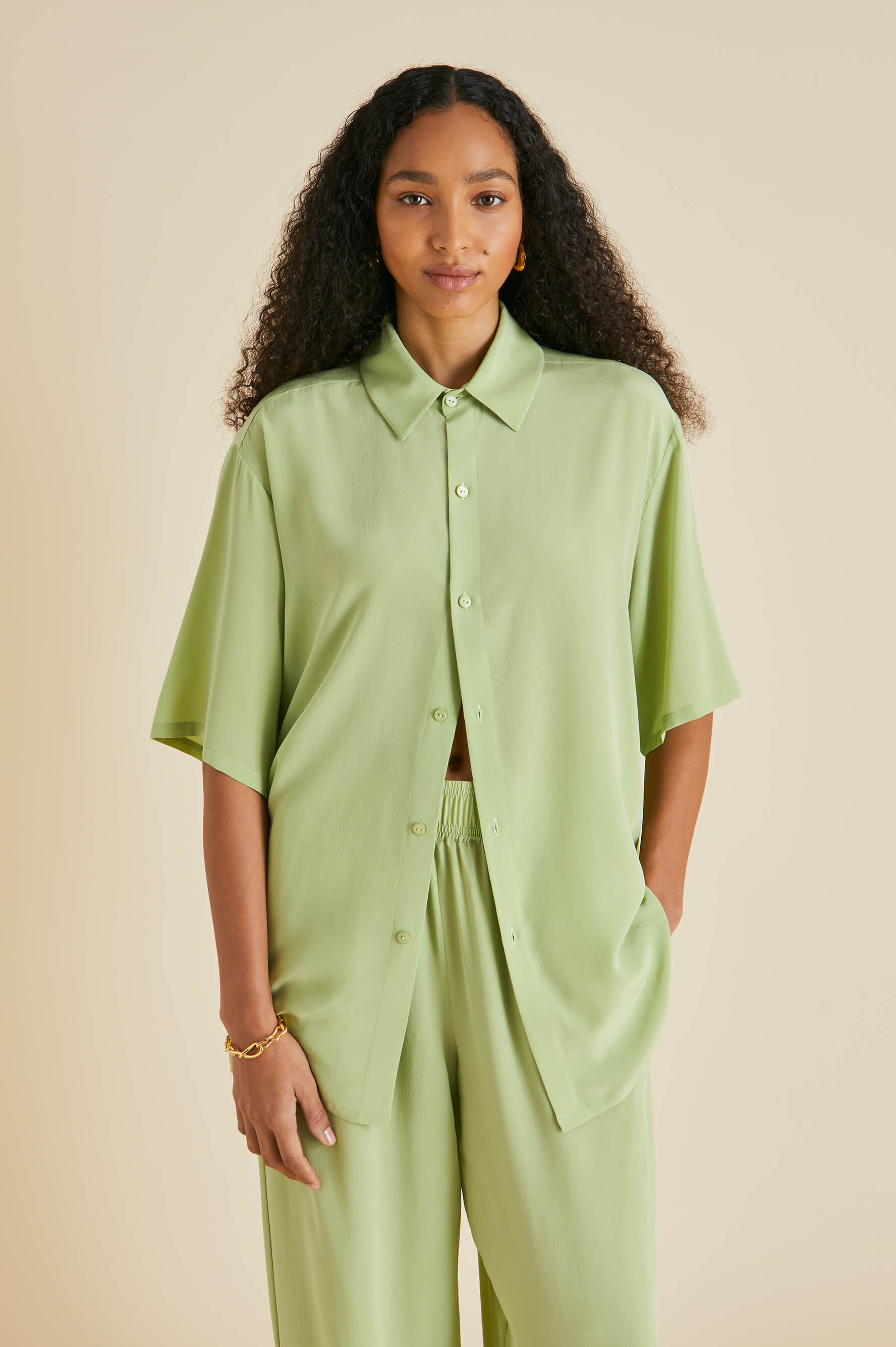 Alabama Green Pyjamas in Silk Crêpe de Chine