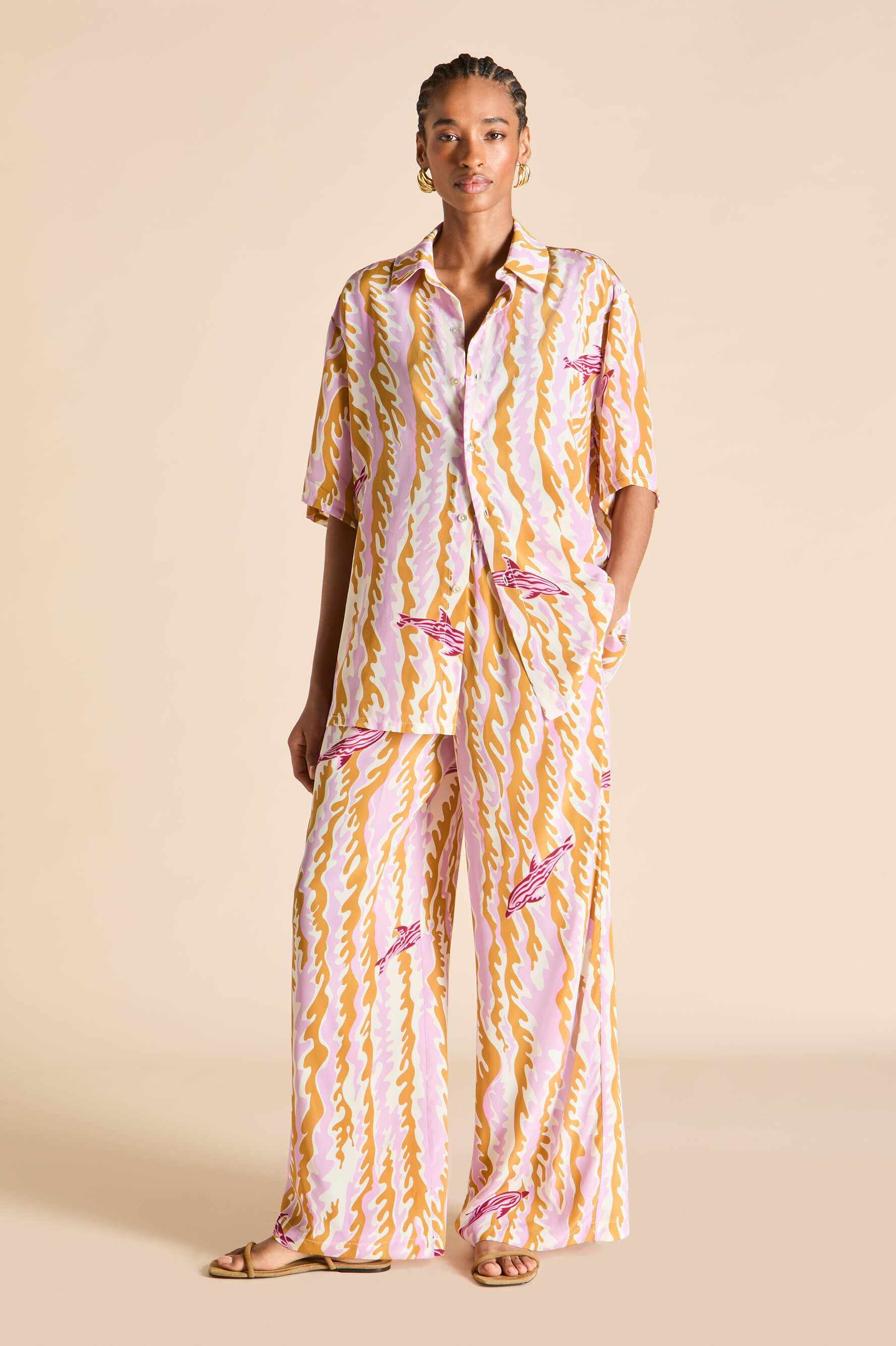 Alabama Mira Pink Wave Pyjamas in Silk Crêpe de Chine