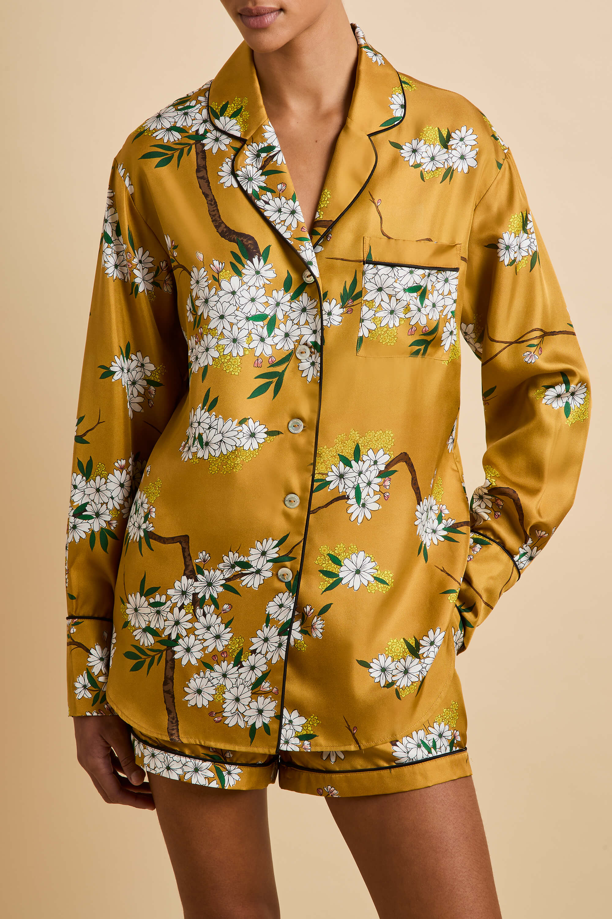 alba carmena yellow blossom pyjamas in silk twill 